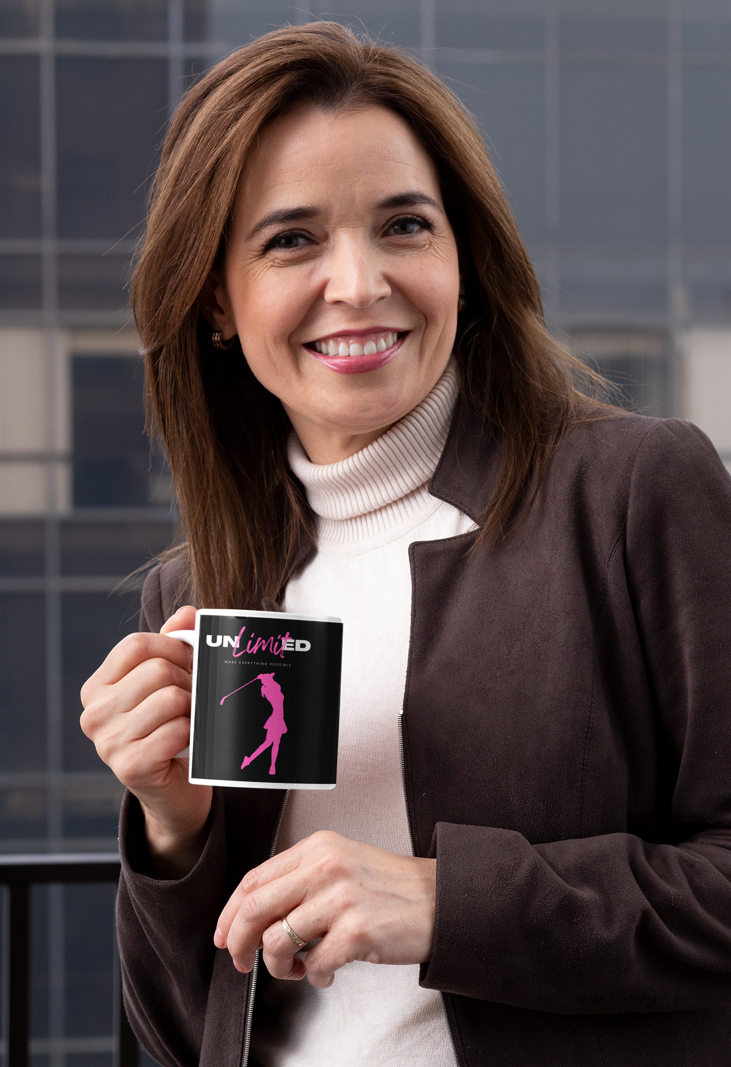 Black background mug with pink female golfer in swing position
