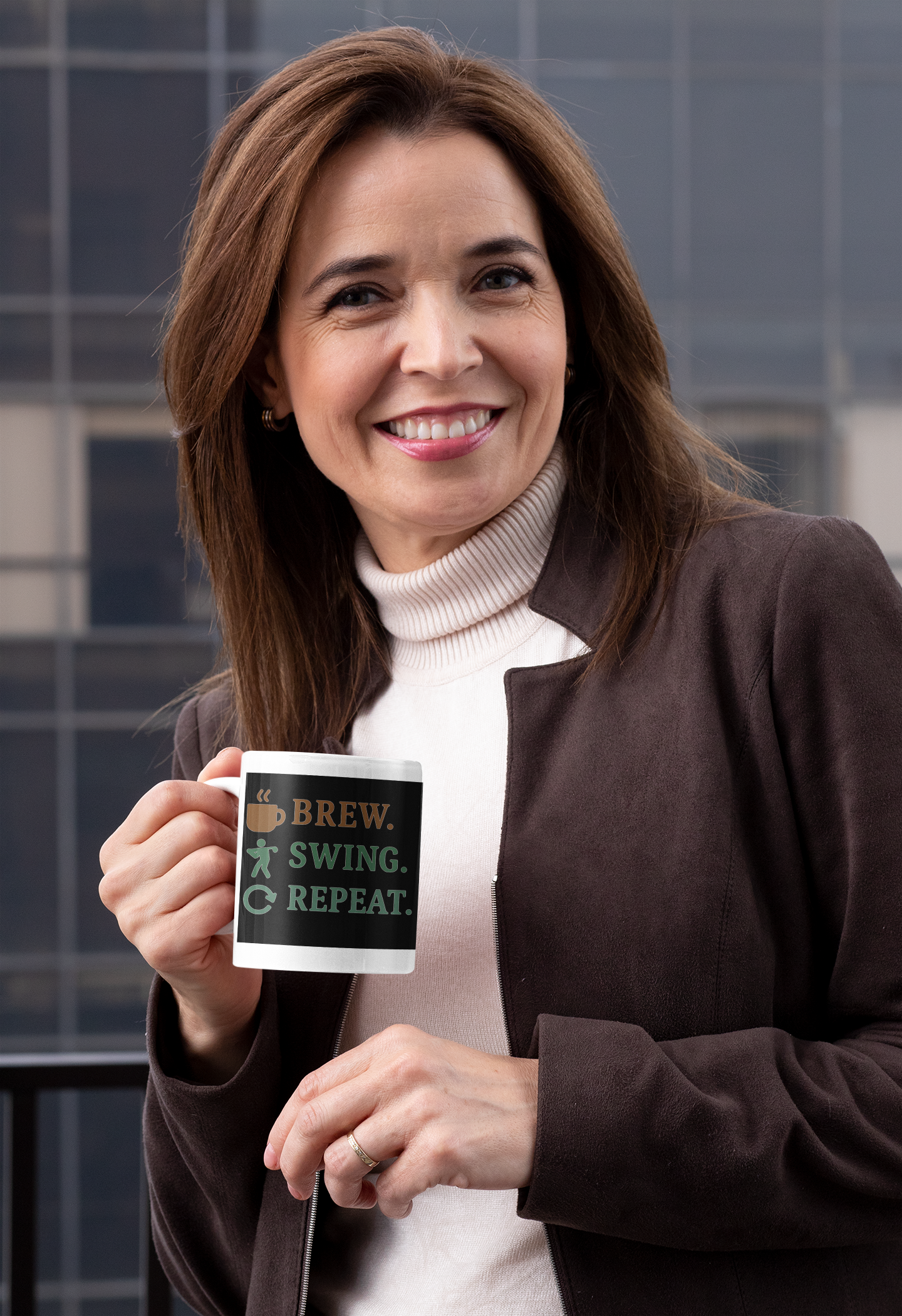 Golf-inspired cup with brew, swing, repeat sequence and symbols