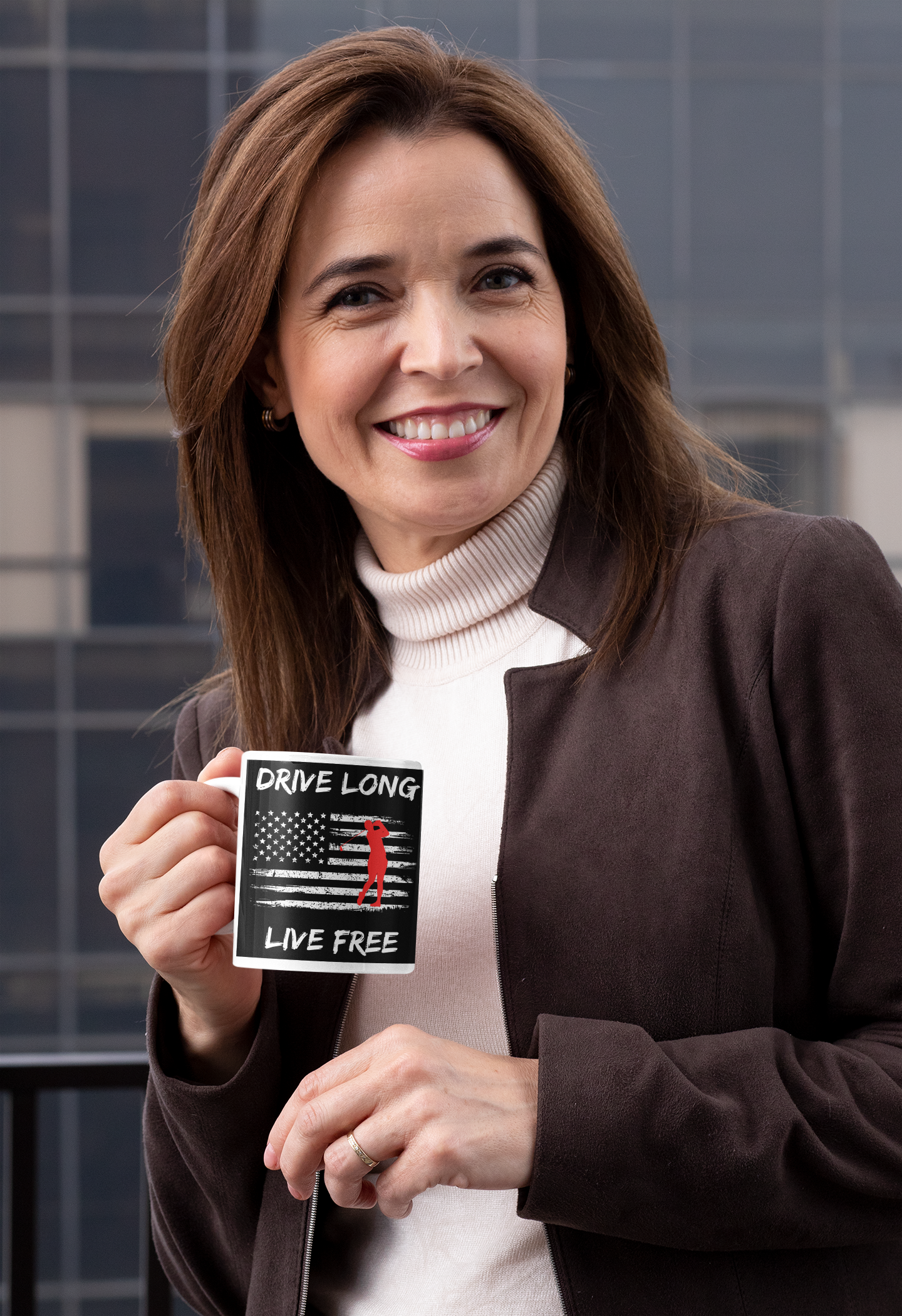 USA-themed coffee mug with golf and liberty message