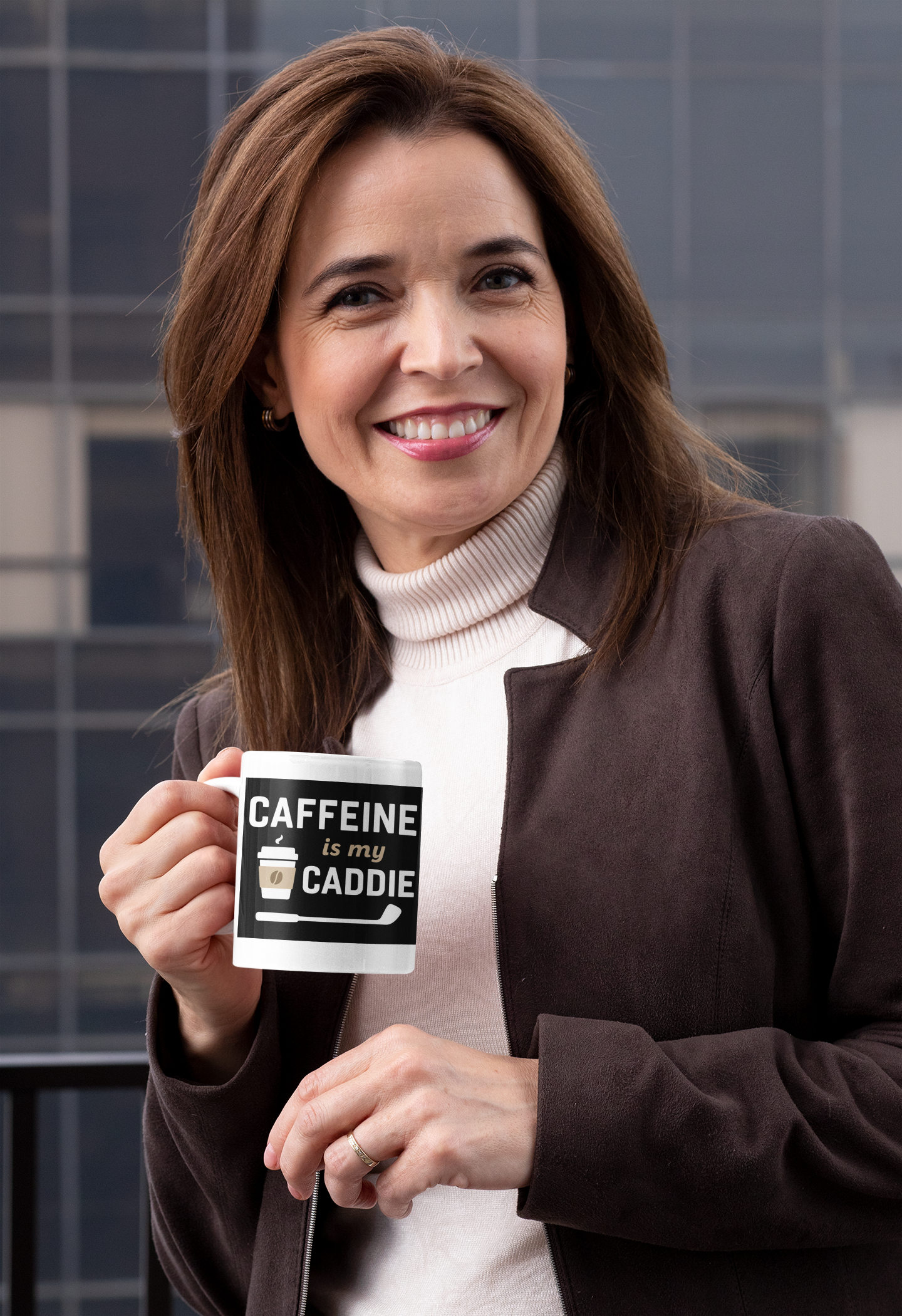 Glossy ceramic cup with coffee and golf crossover humor