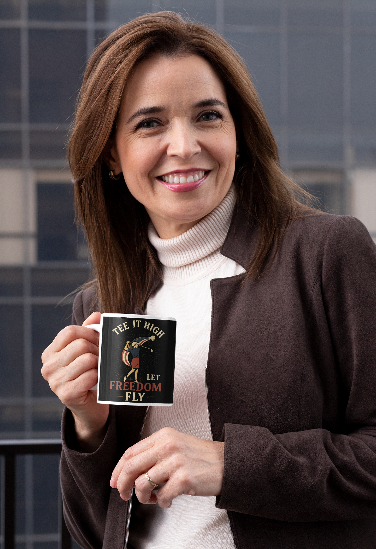 Patriotic female golfer coffee cup with dynamic swing artwork