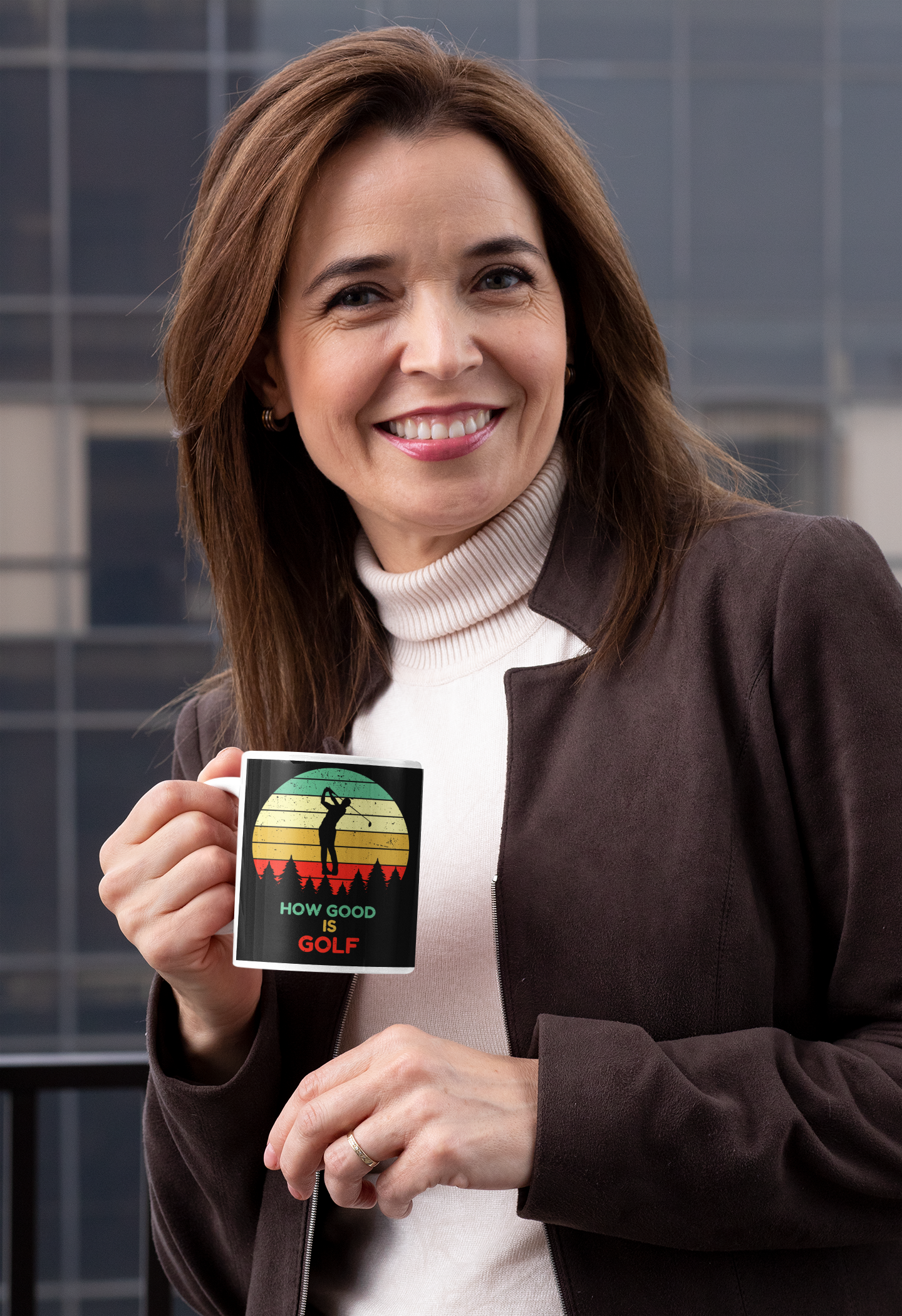 Mug featuring silhouette golfer mid-swing in retro design