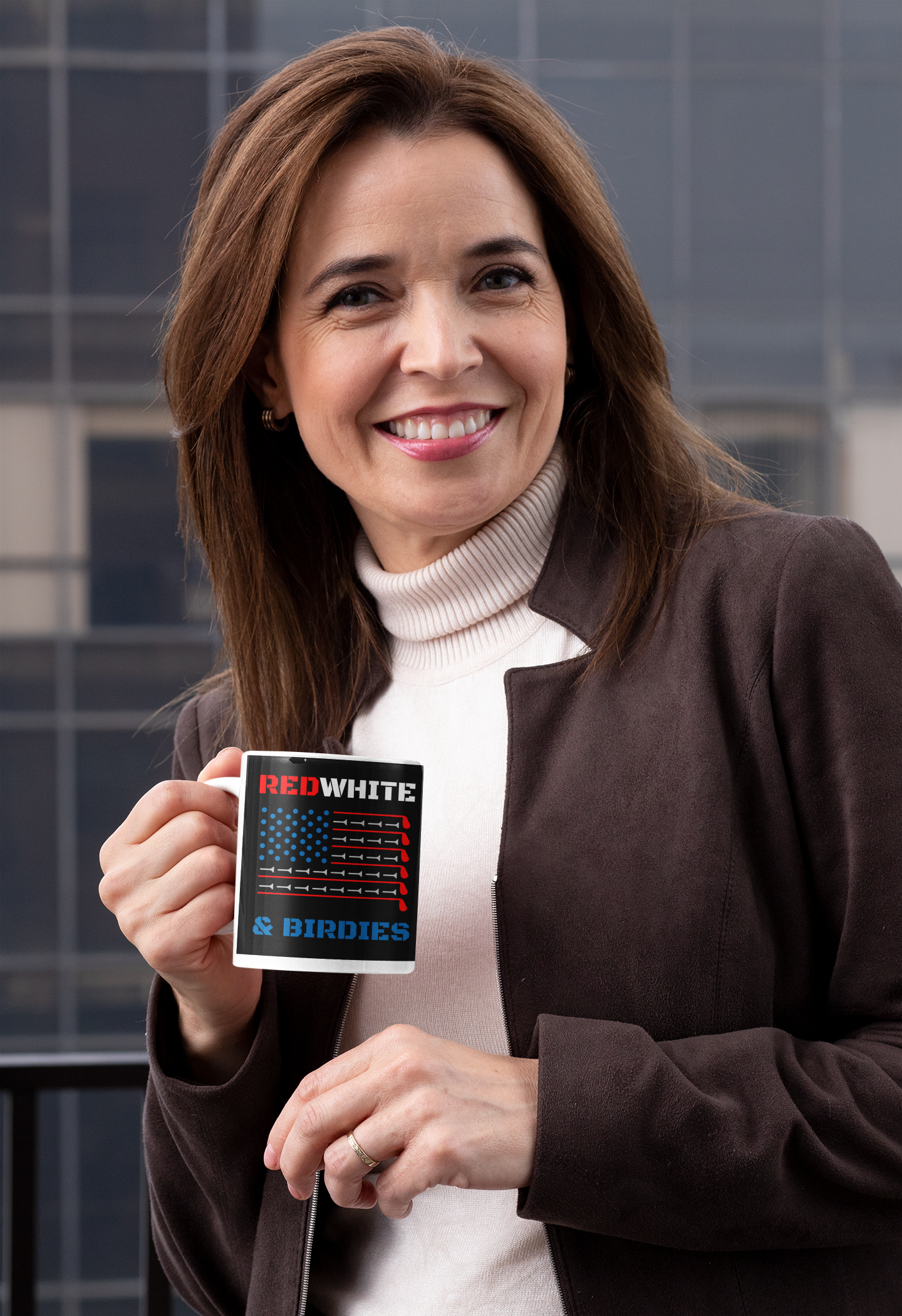 Patriotic mug featuring stylized American flag made of golf tees
