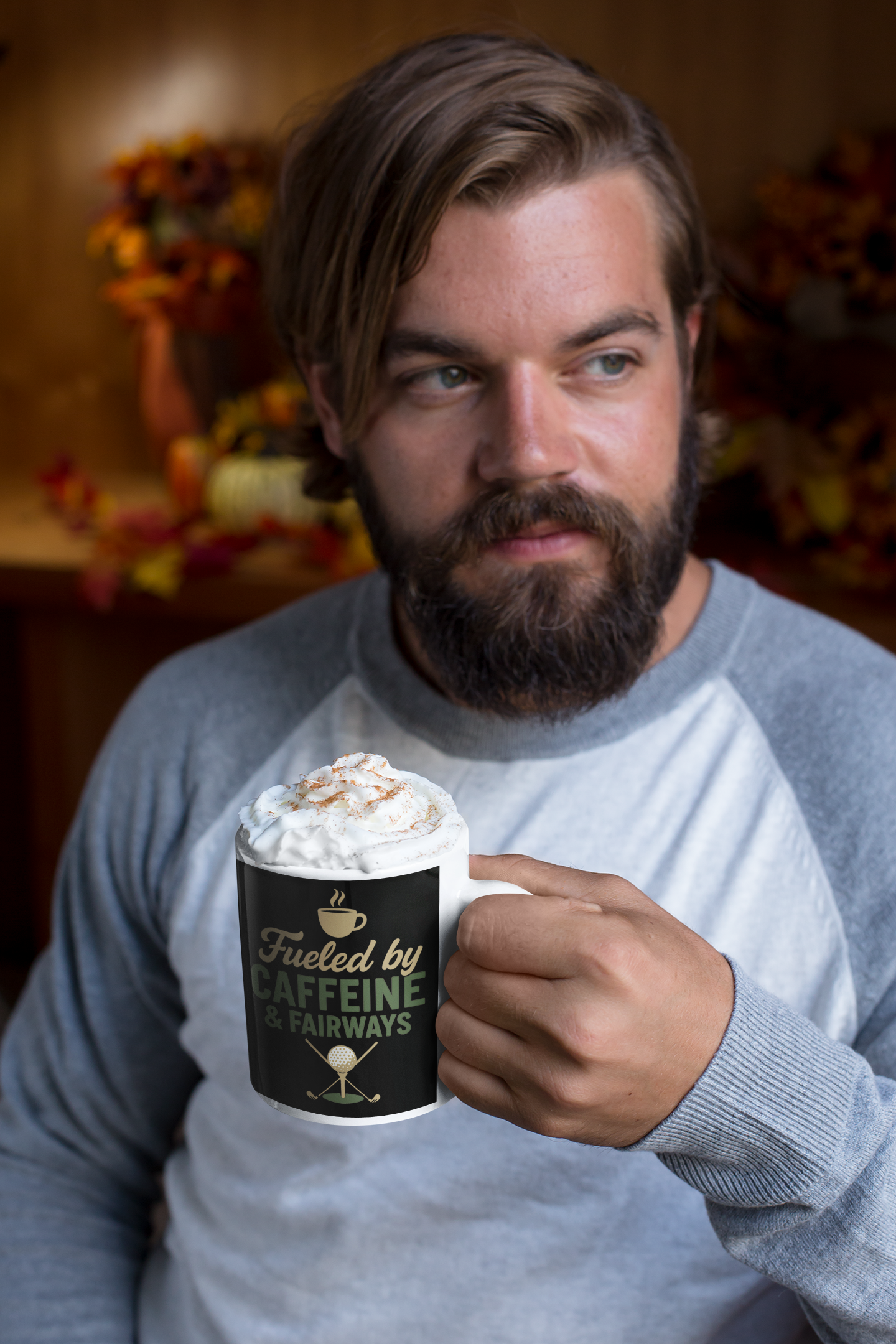 Coffee and golf lover’s mug featuring steam cup and crossed clubs