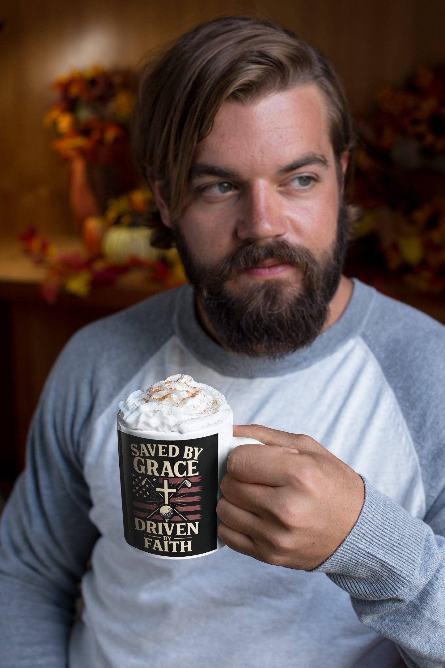 Faith and golf-themed mug with cross and golf club design