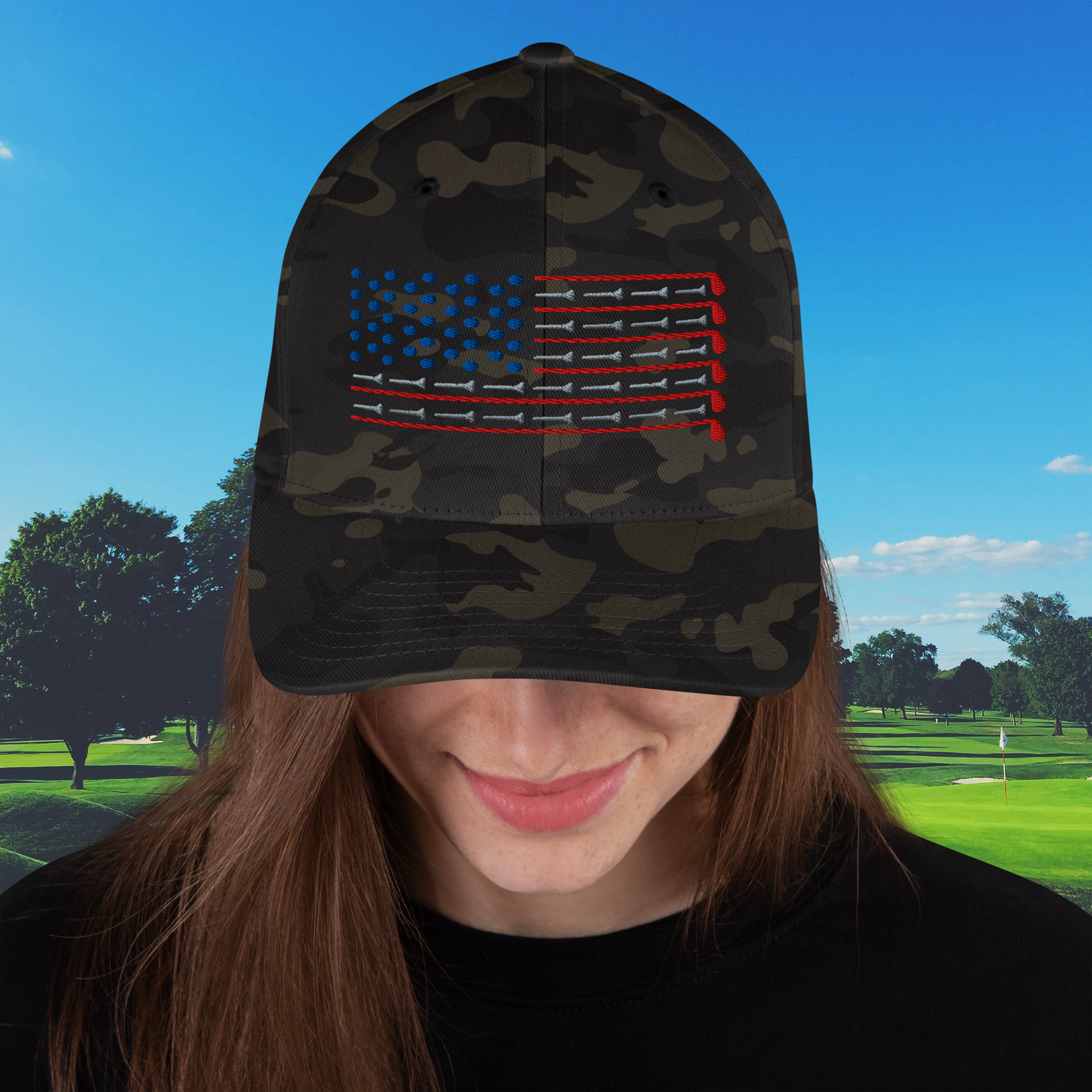 camo golf hat with red white blue flag design