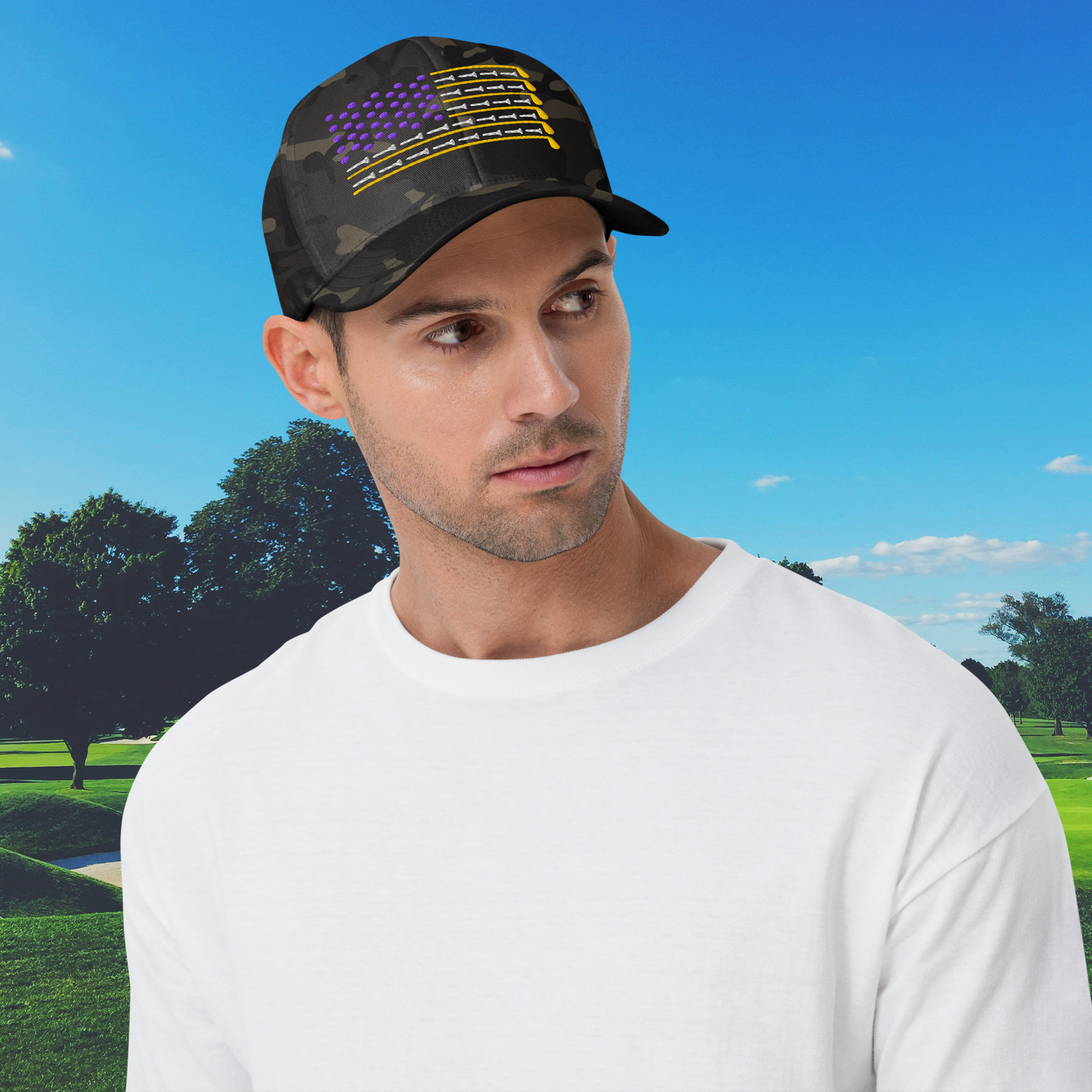 flexfit camo golf hat with embroidered purple gold flag