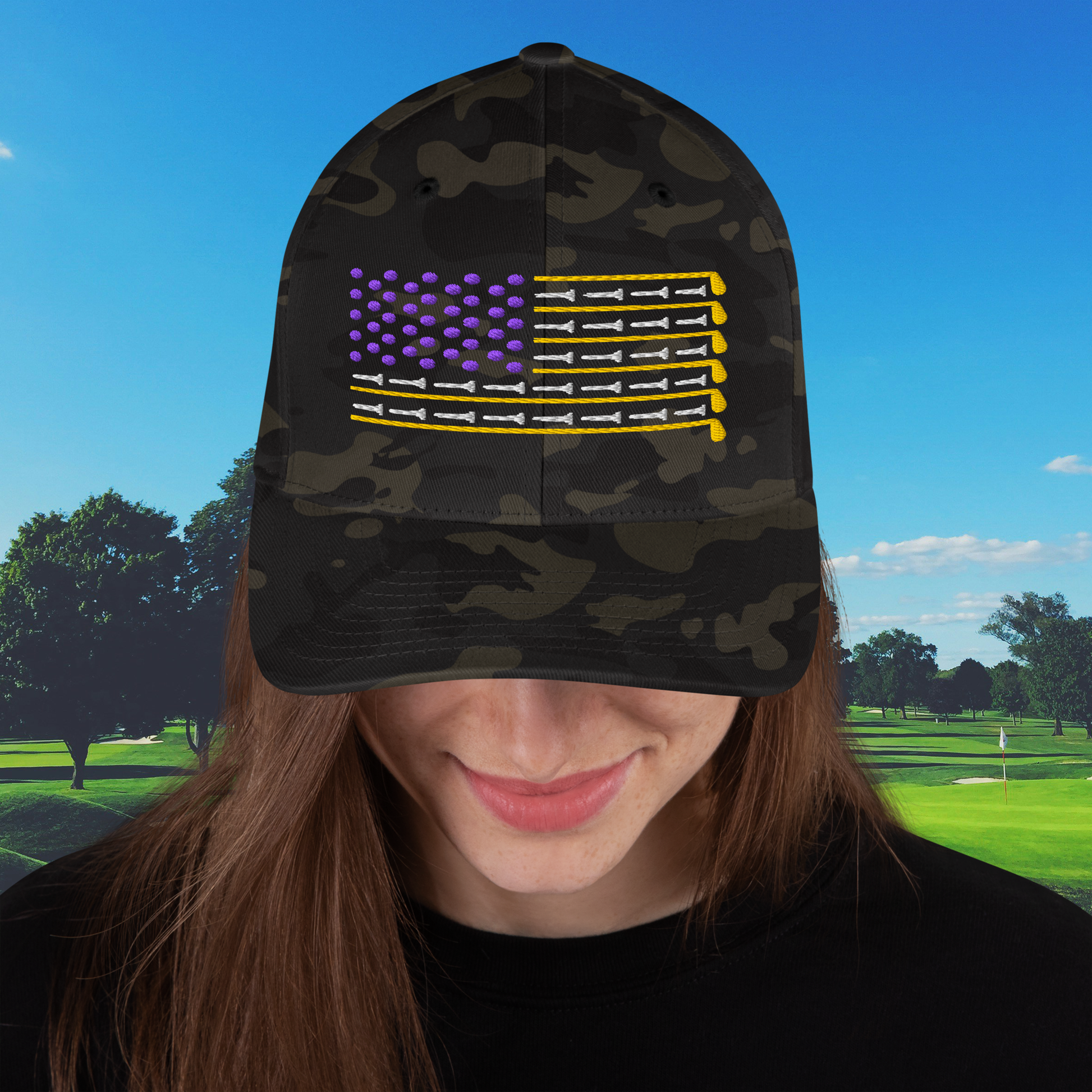 camo golf hat with gold and purple patriotic flag design
