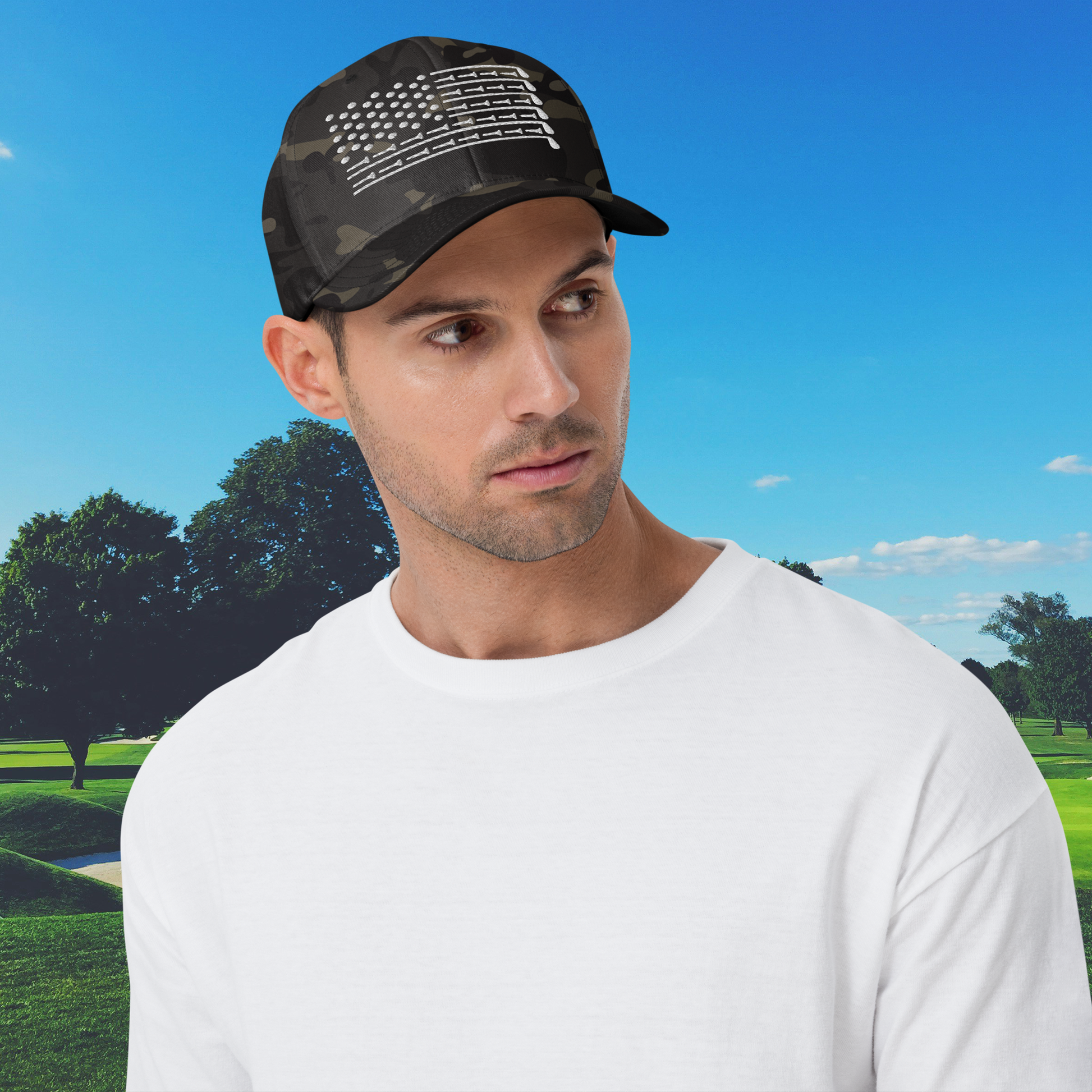camo golf hat with white stitched american flag design