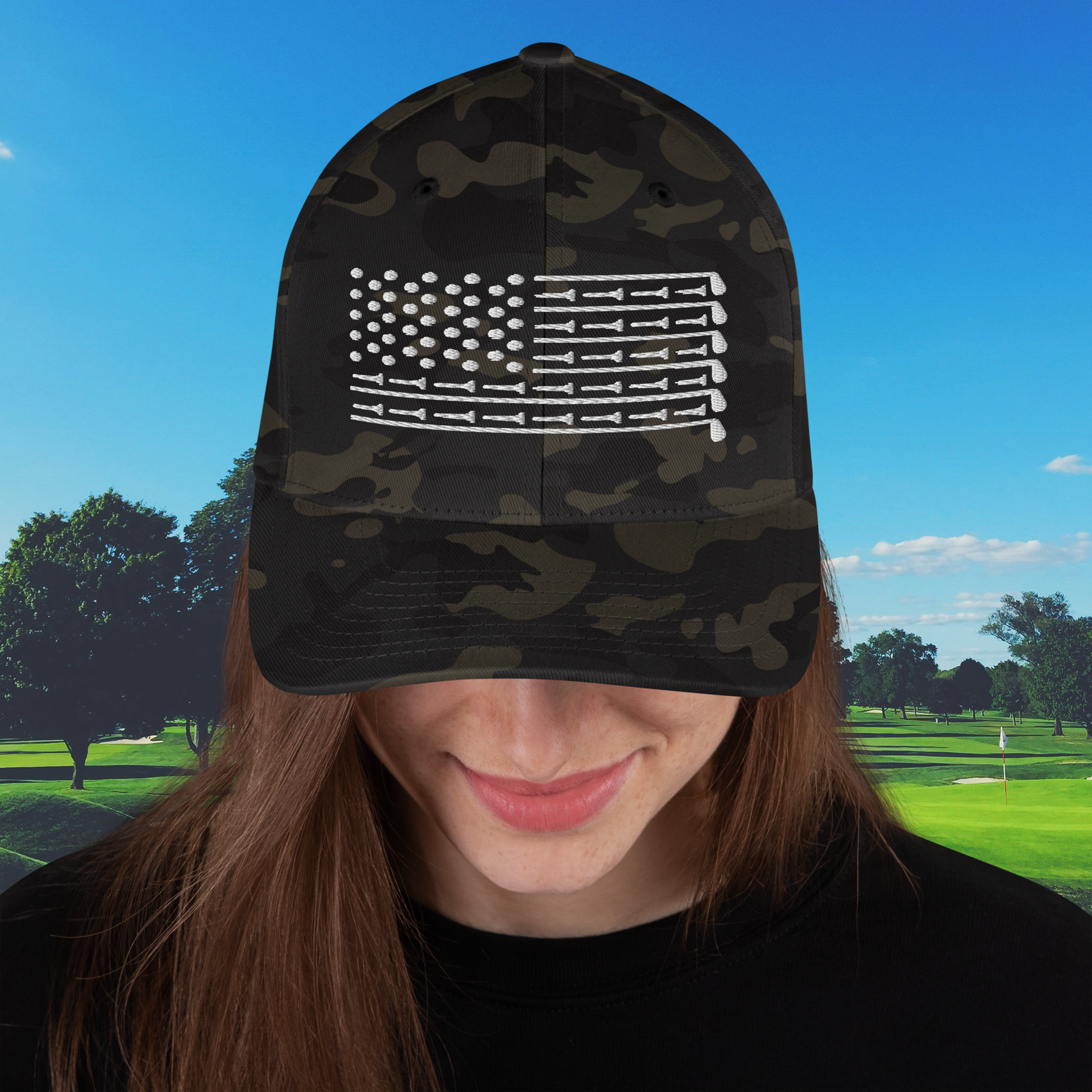 camo golf hat with embroidered white golf flag