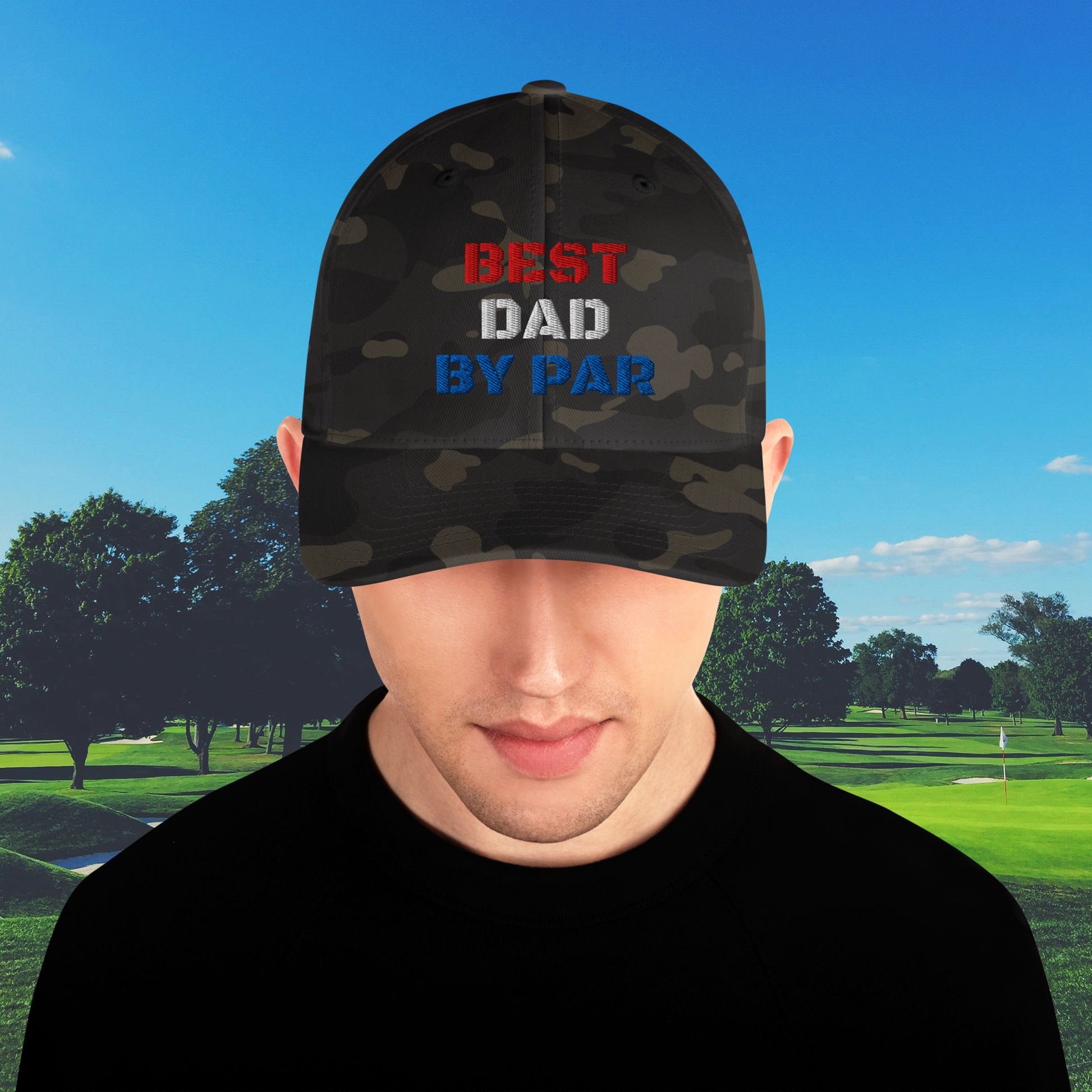 golf hat with red white and blue dad embroidery