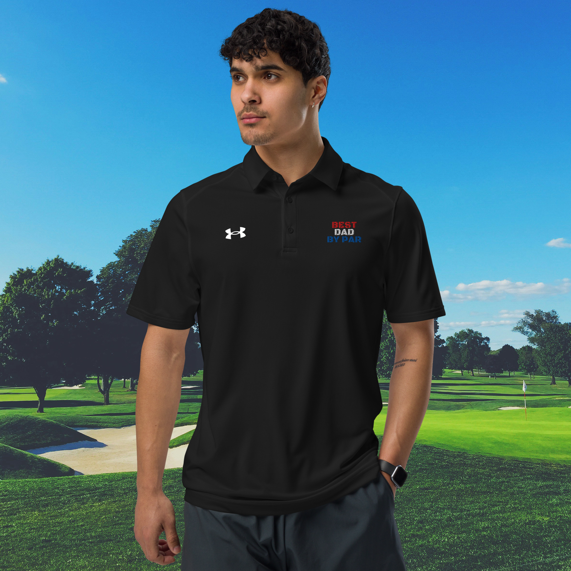 black golf polo with best dad by par embroidered design