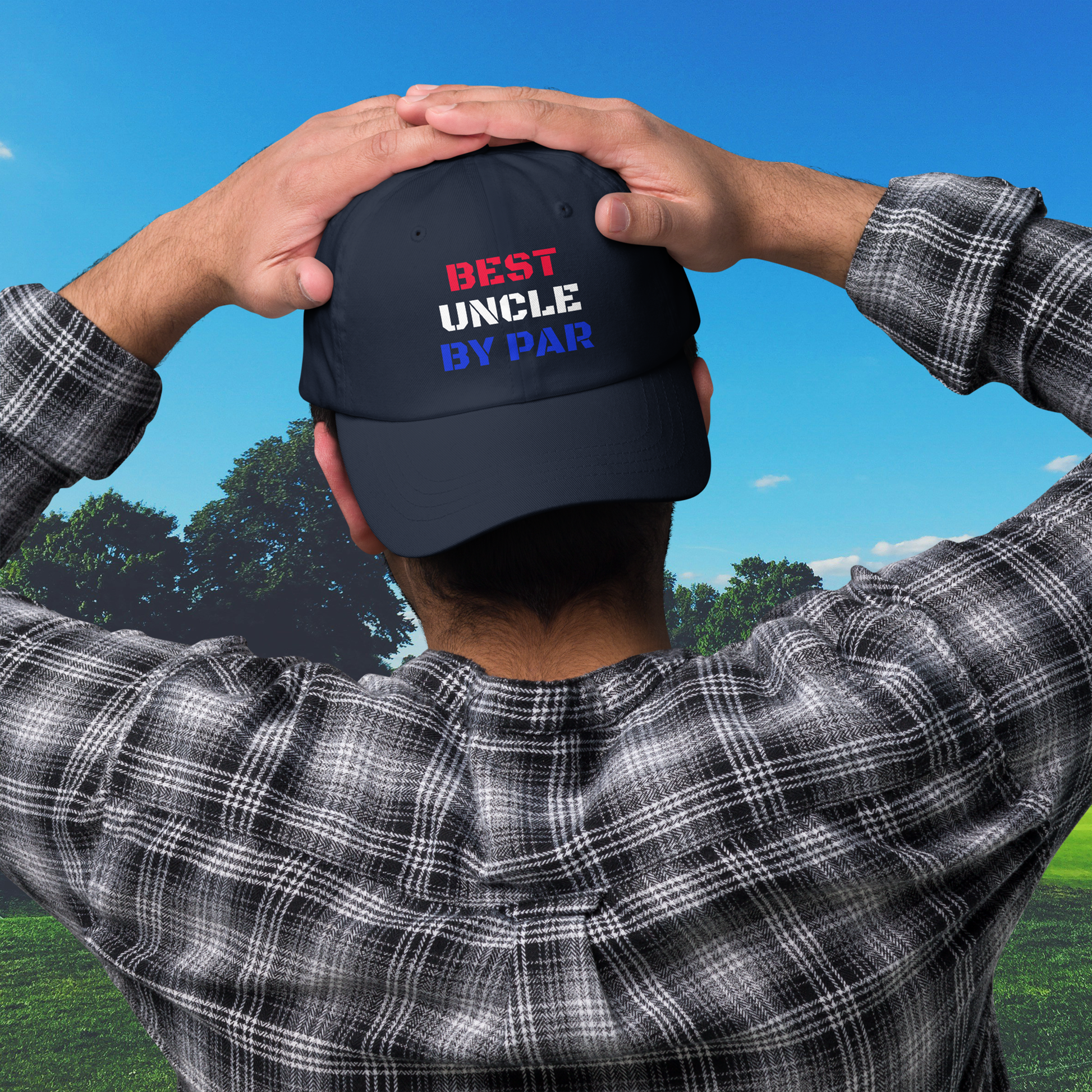 golf hat with best uncle by par text design