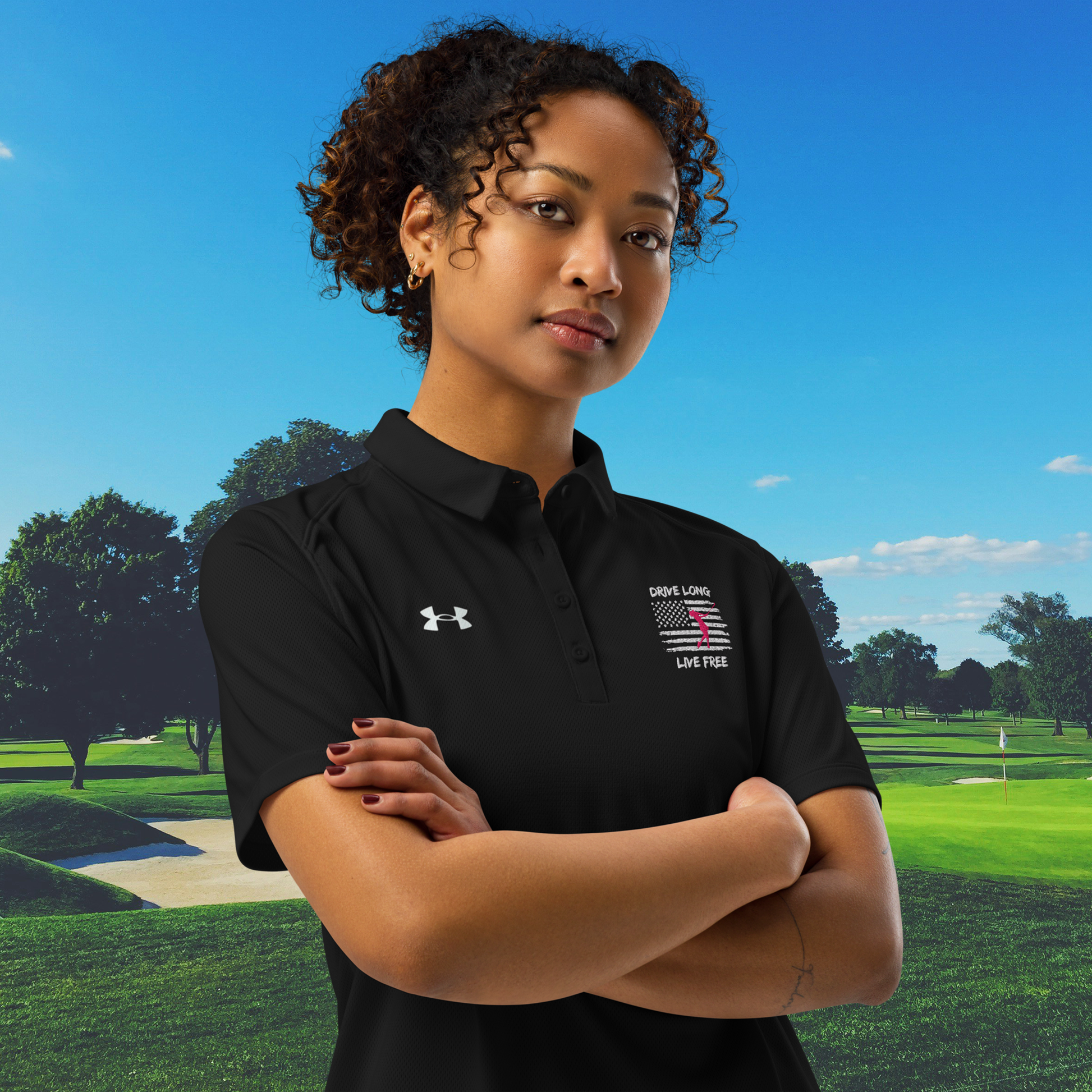 ladies performance golf shirt with “Drive Long Live Free” text