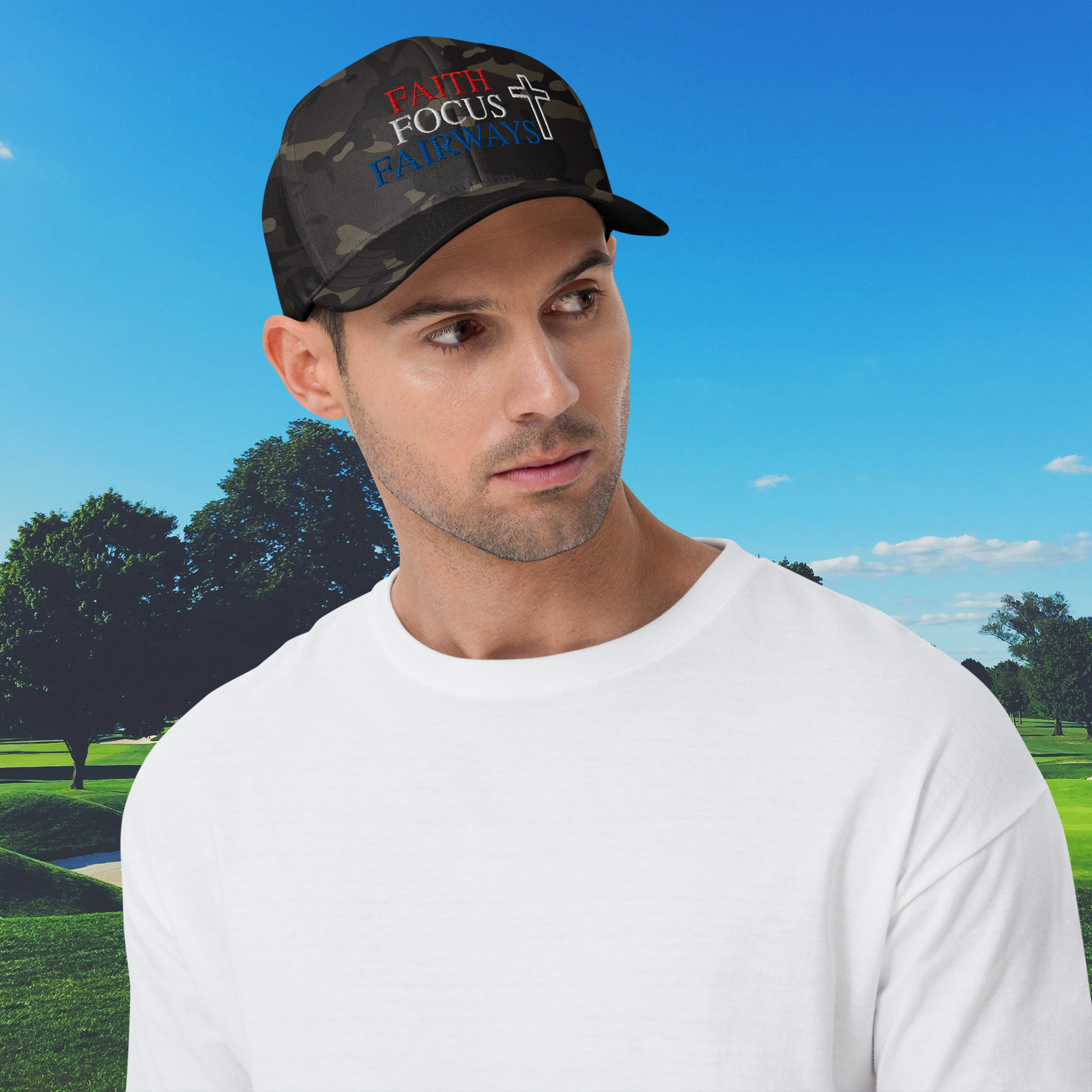 golf hat with faith focus fairways embroidered text