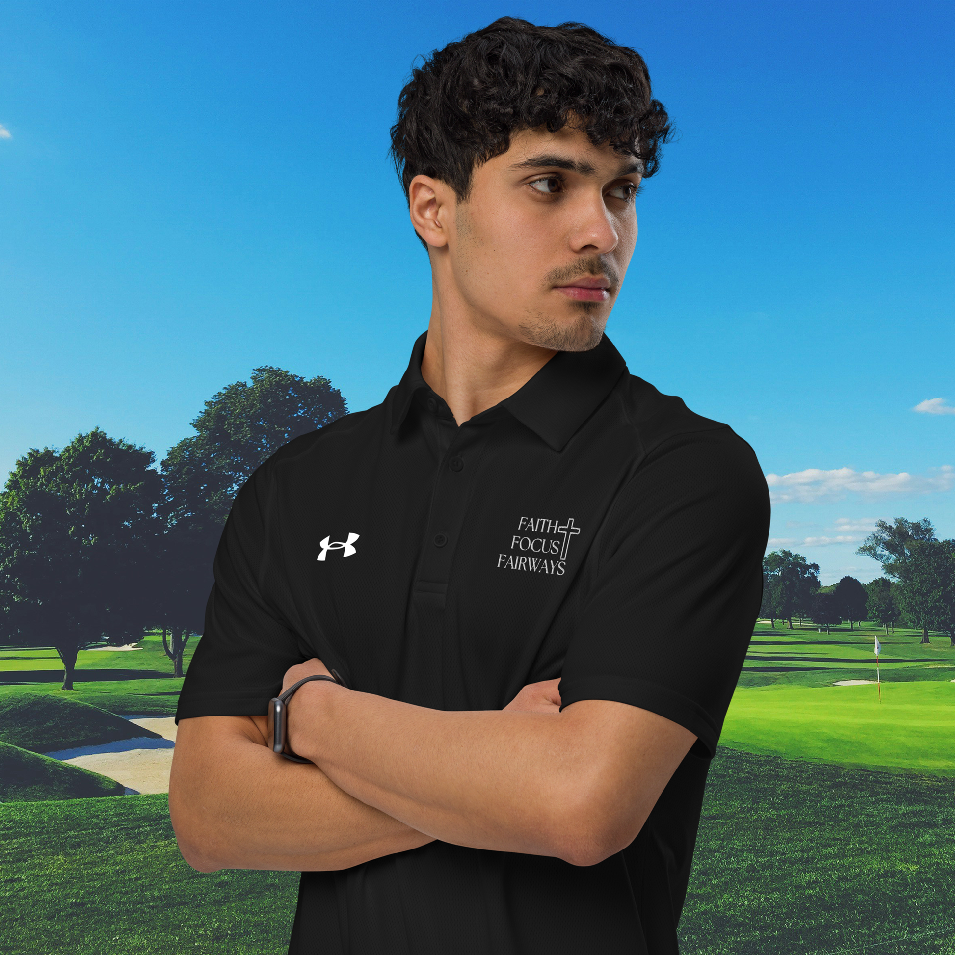 Faith Focus Fairways message on classic black athletic polo
