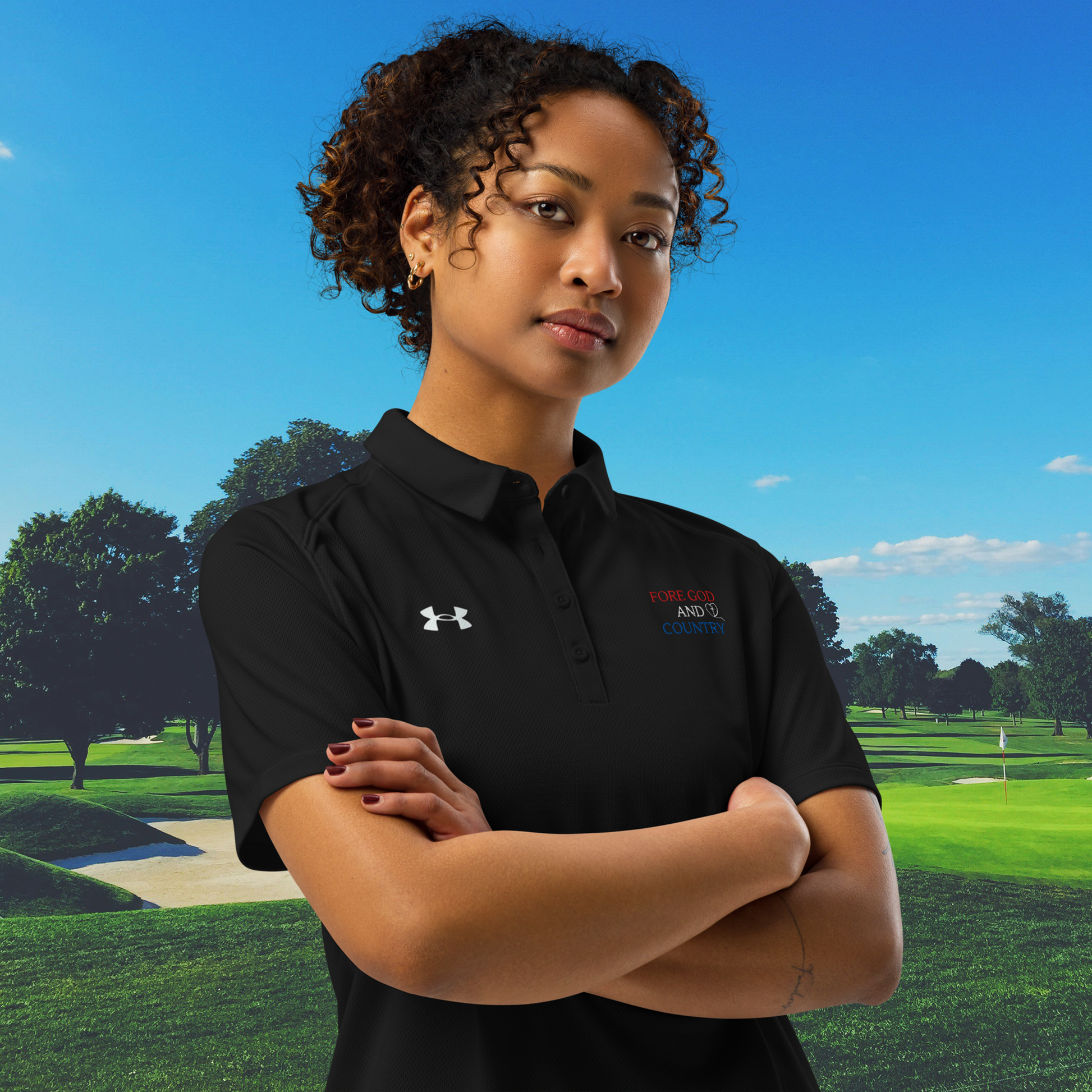 ladies golf top with small USA-themed spiritual message