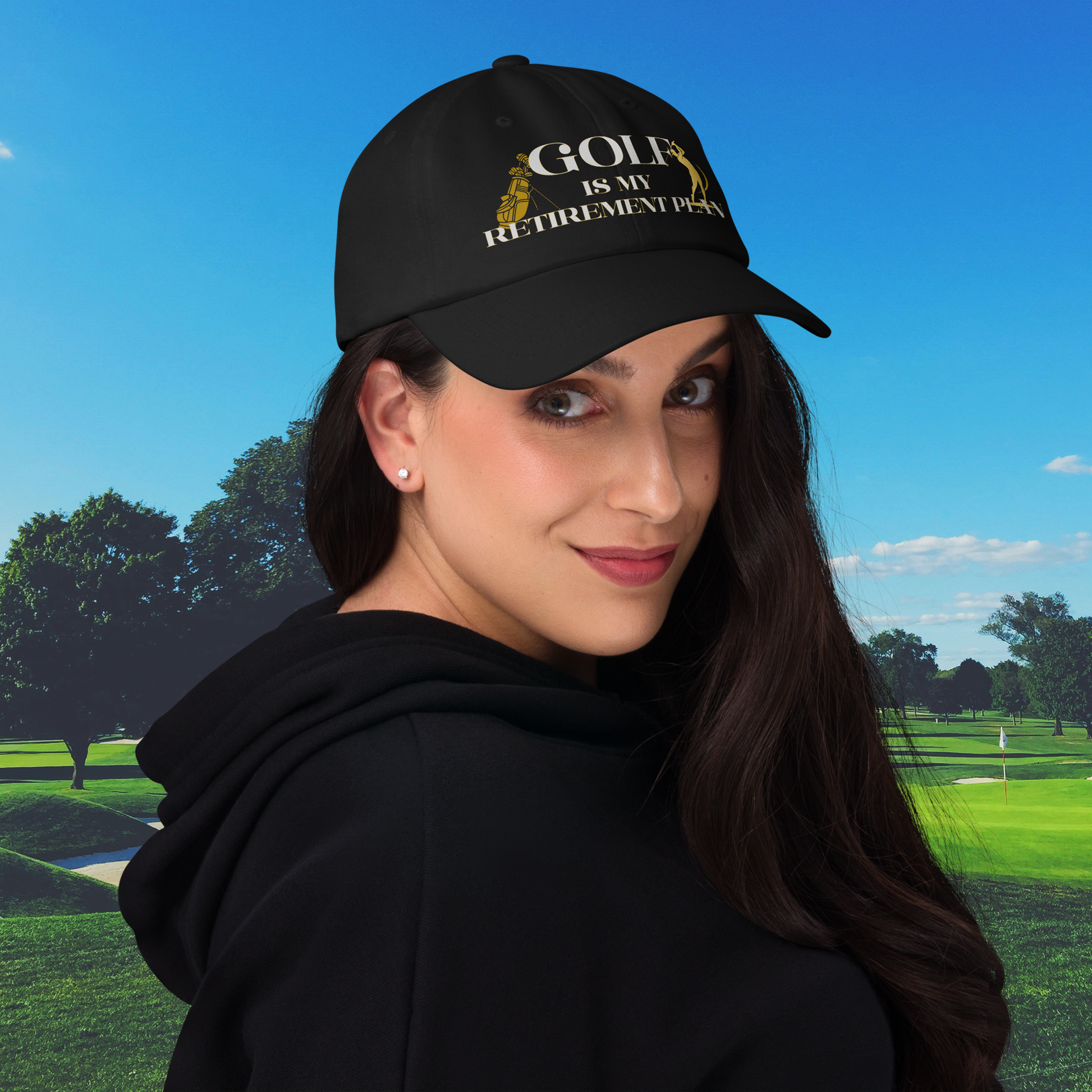 golf is my retirement plan hat in gold lettering