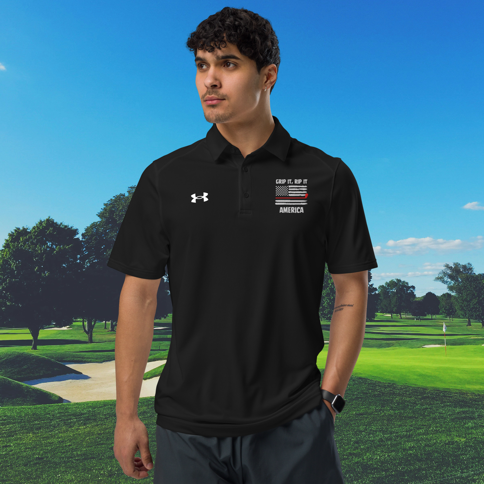 black golf polo shirt with grip it rip it america patriotic design