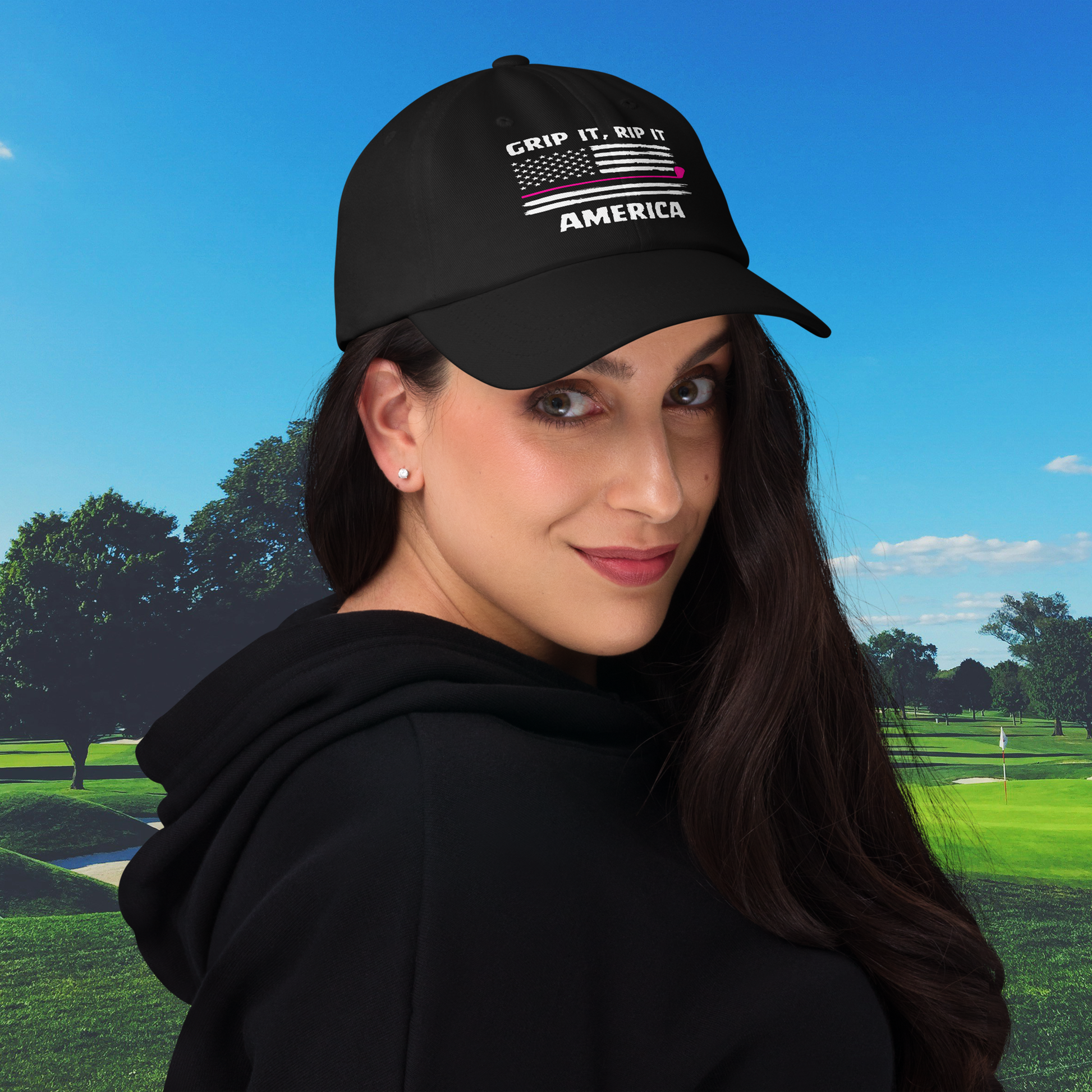 ladies golf hat with grip it rip it america pink design