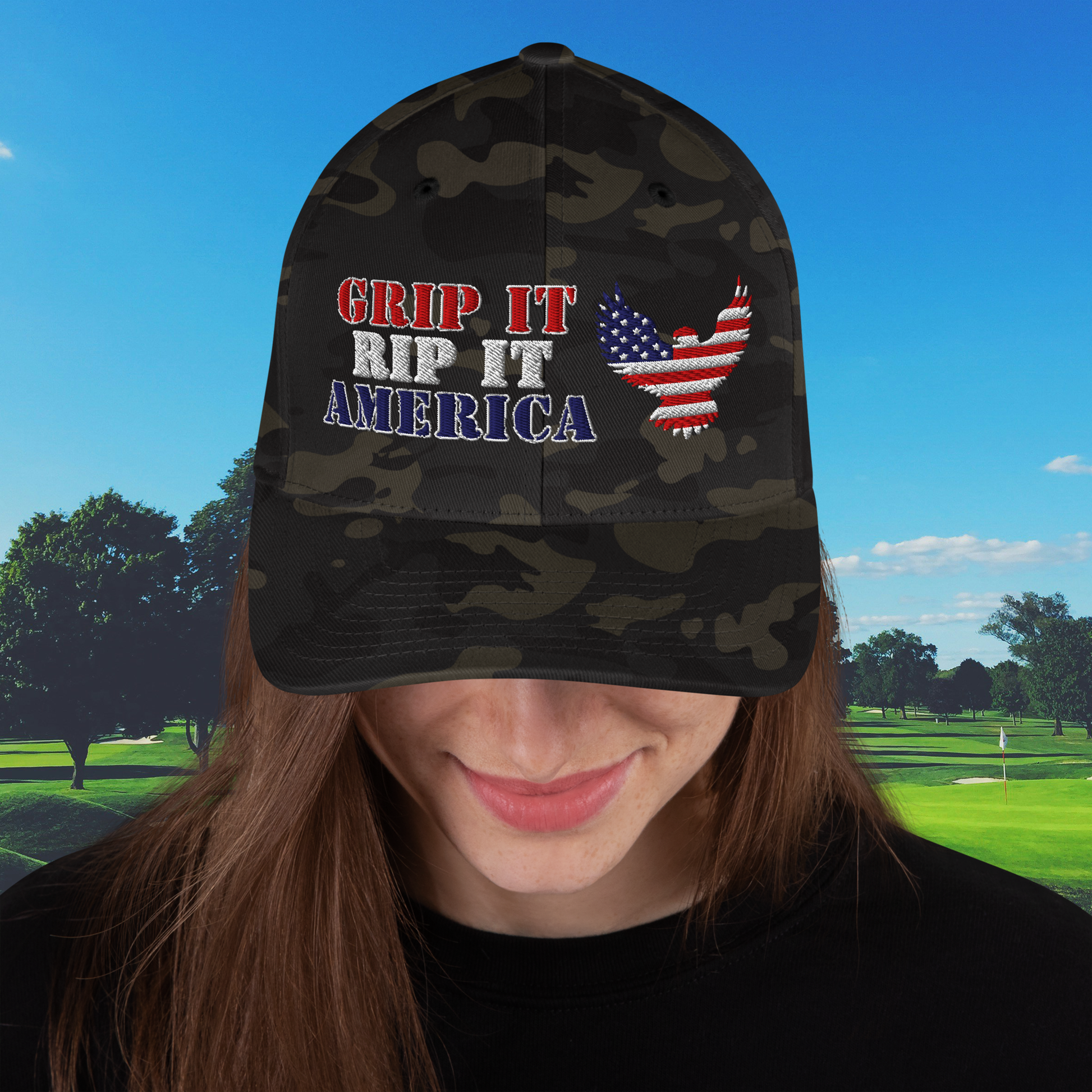 golf hat with patriotic eagle embroidery in camo style