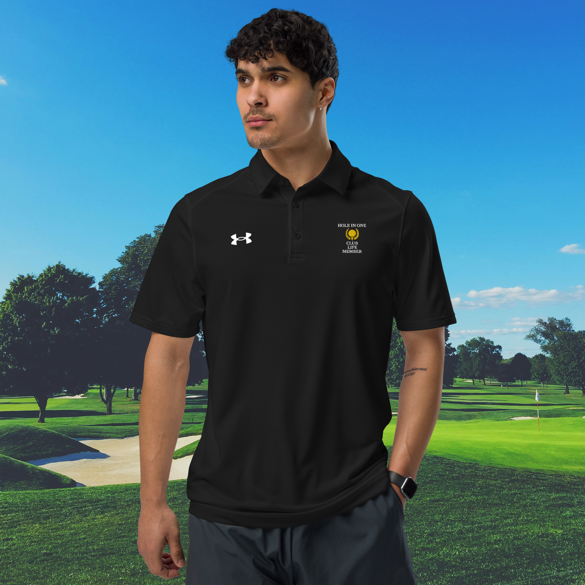 Hole in One Club Member golf polo shirt black folded with logo