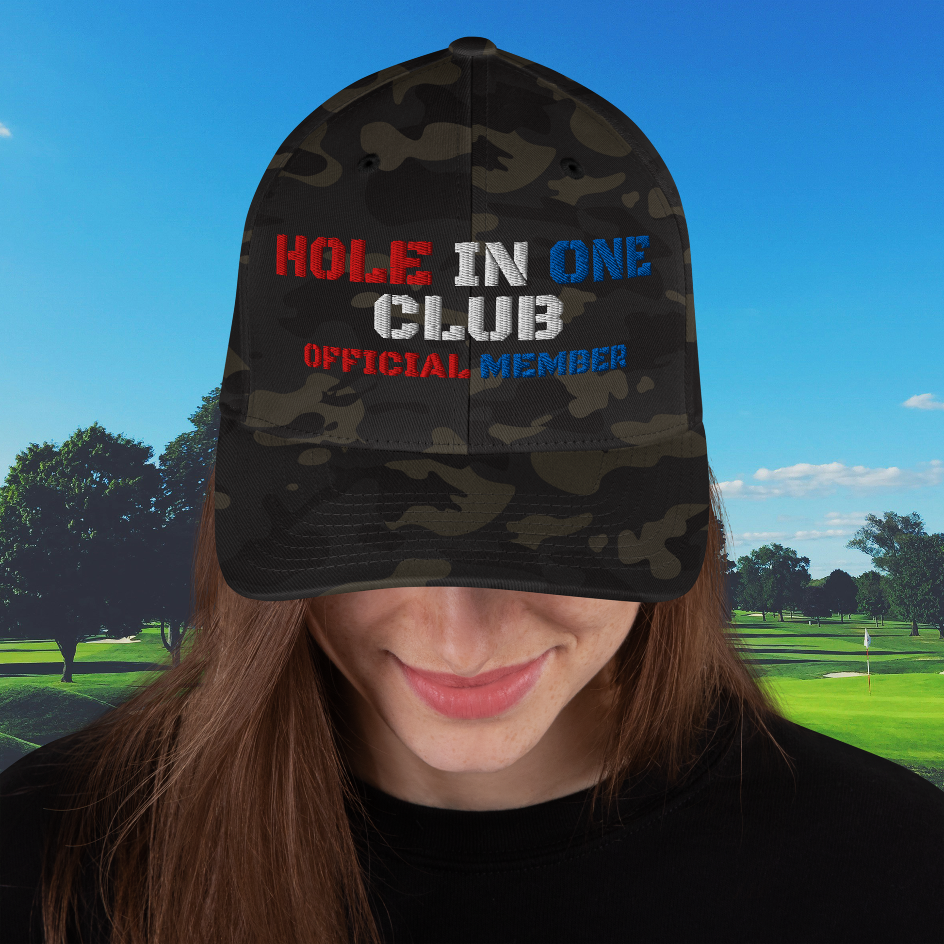 camo golf hat with hole in one club text front view