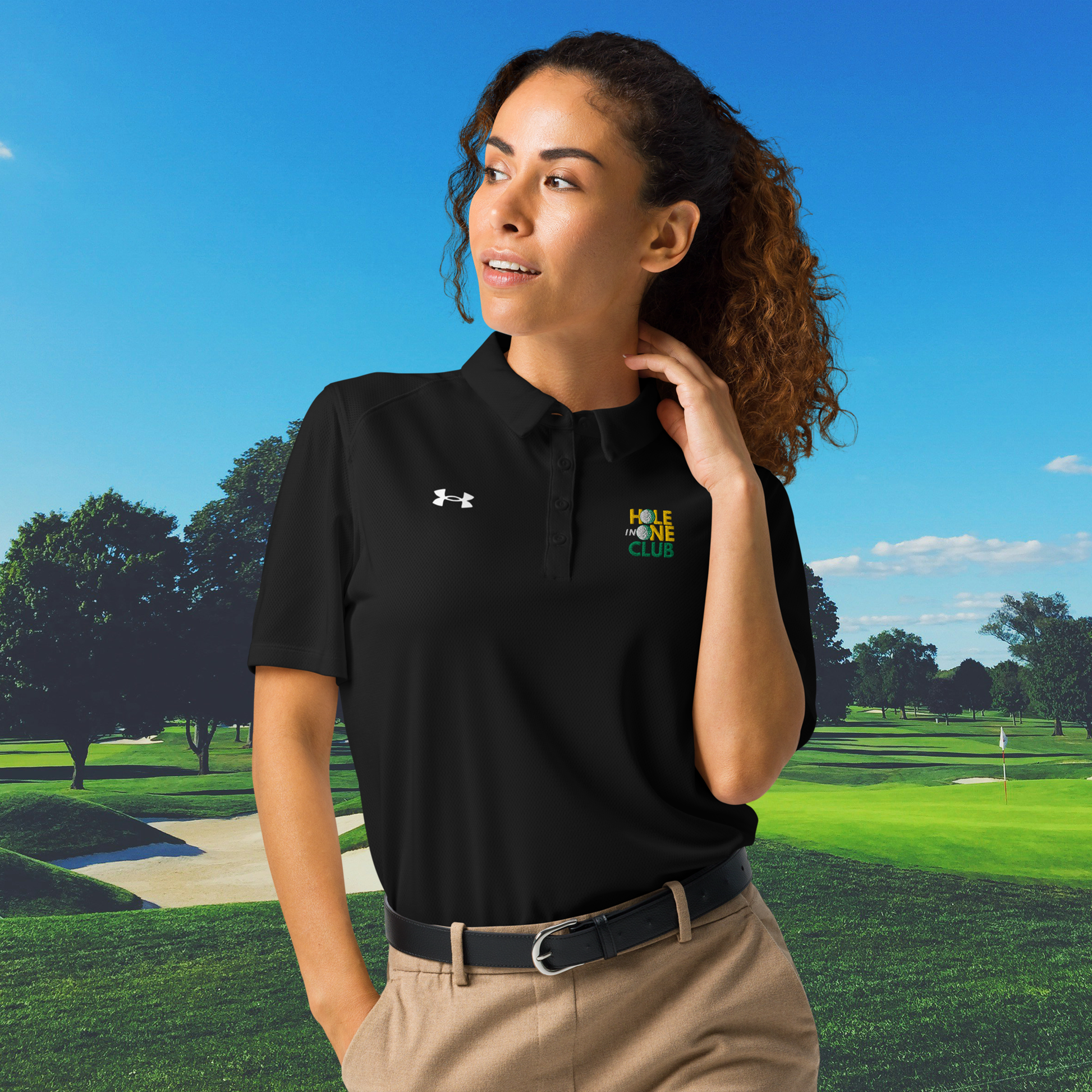 athletic ladies golf polo with celebratory club text