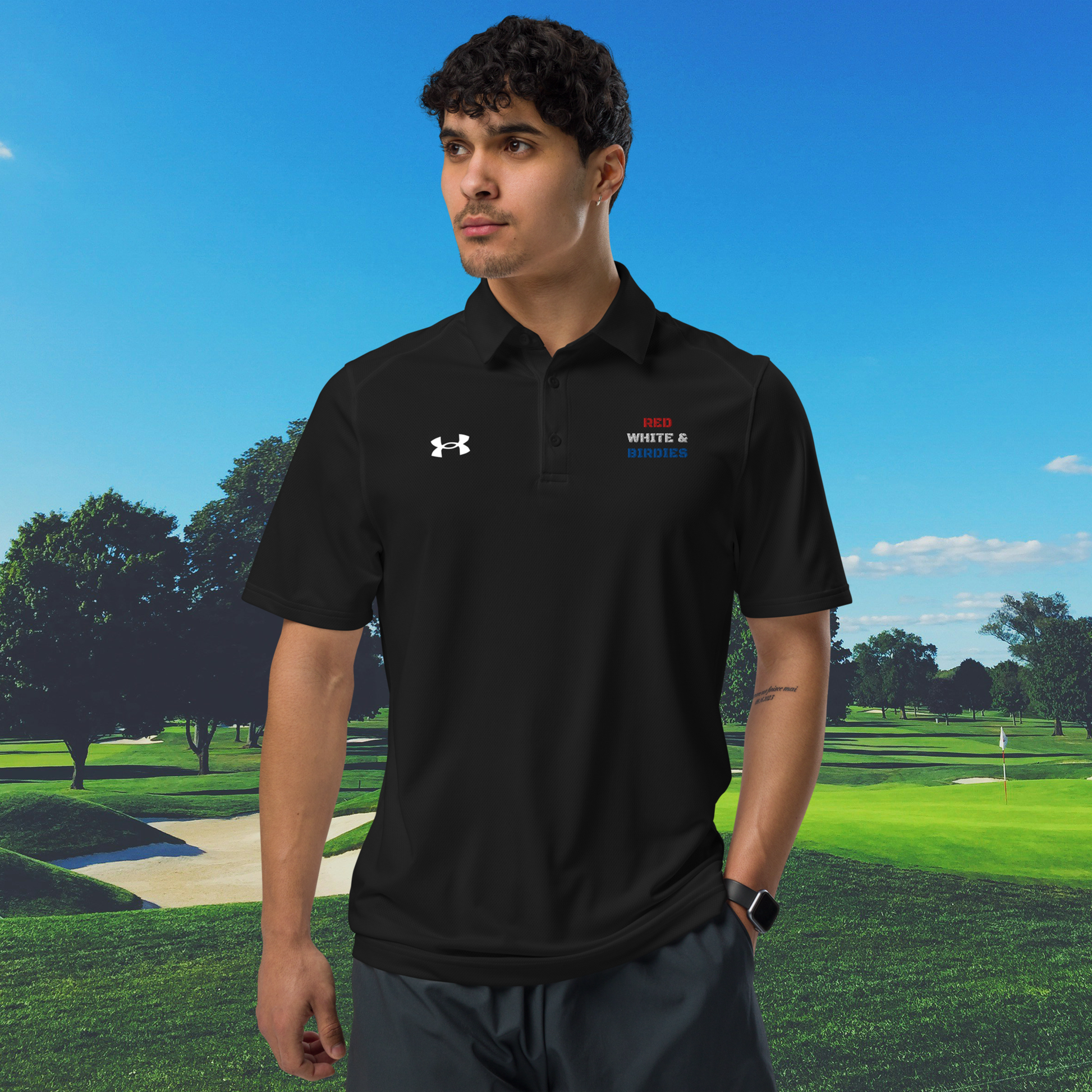 black golf polo shirt with red white and blue birdies embroidery