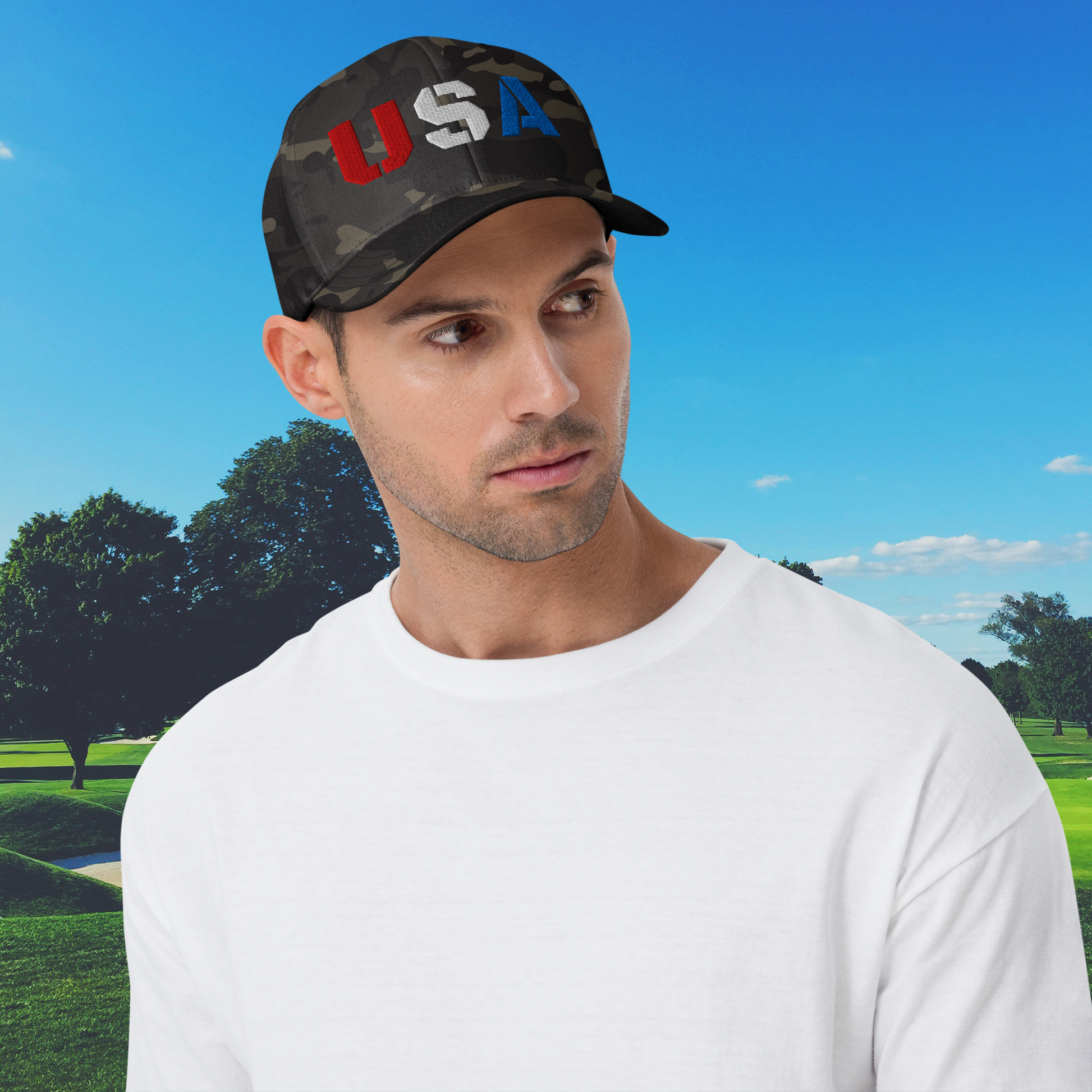 usa embroidered golf hat in camo with red white and blue lettering