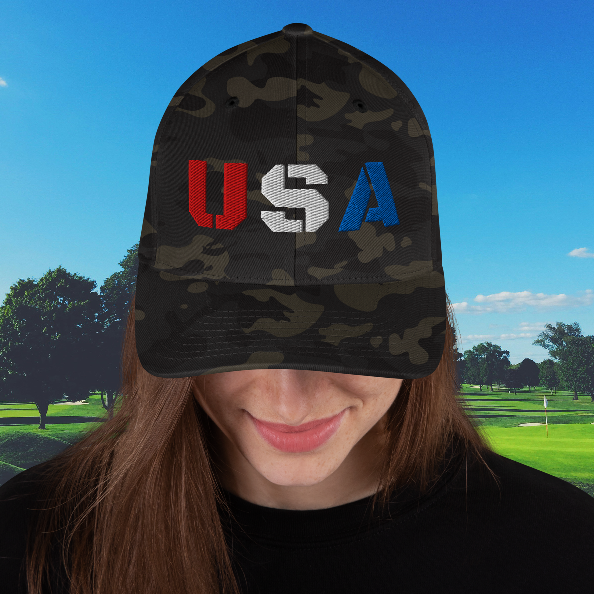 camo golf hat with usa embroidery and flexfit design