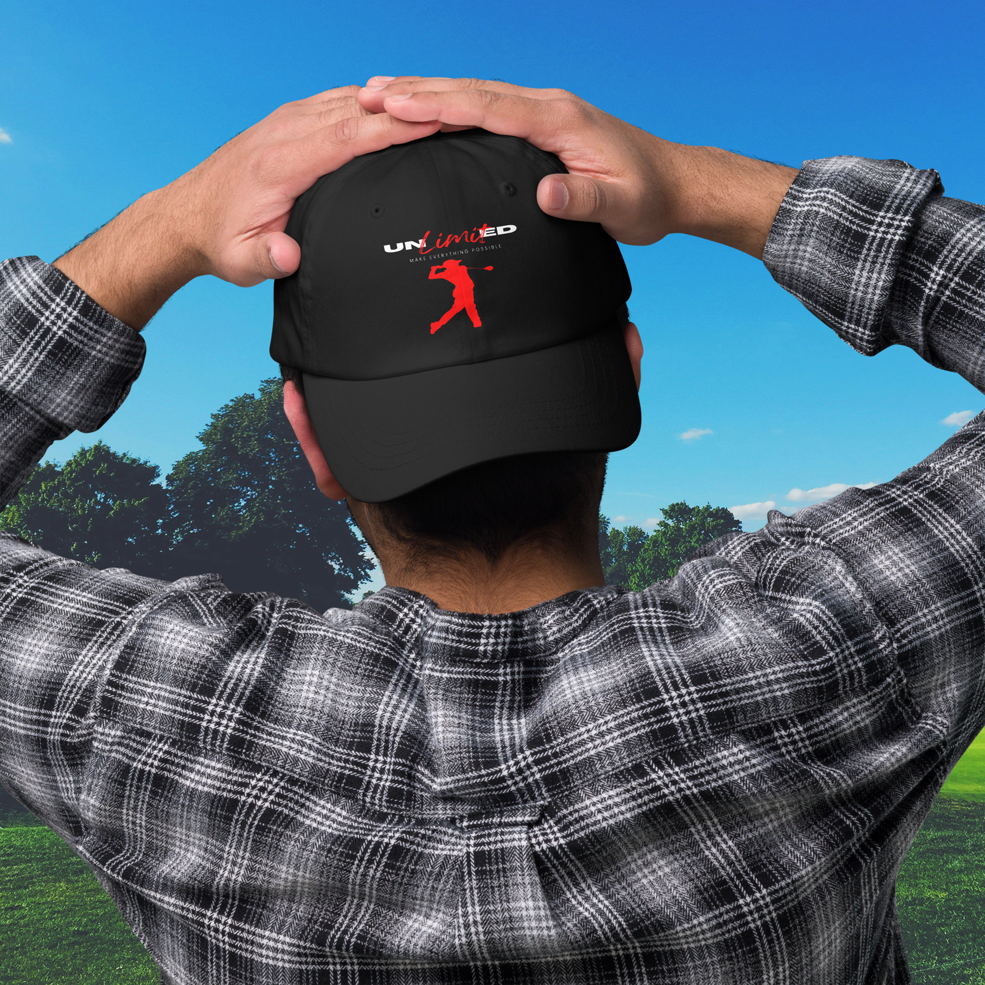 men’s golf hat with red golfer silhouette
