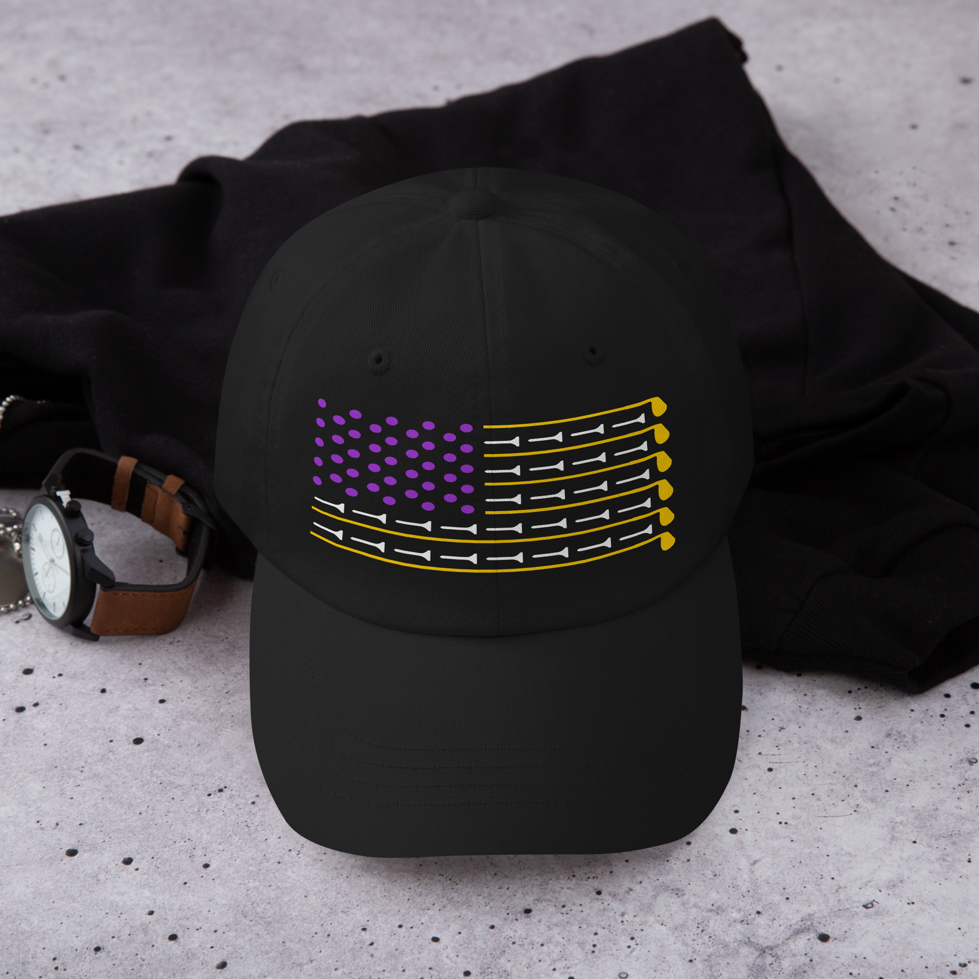 golf hat with team pride purple and yellow print