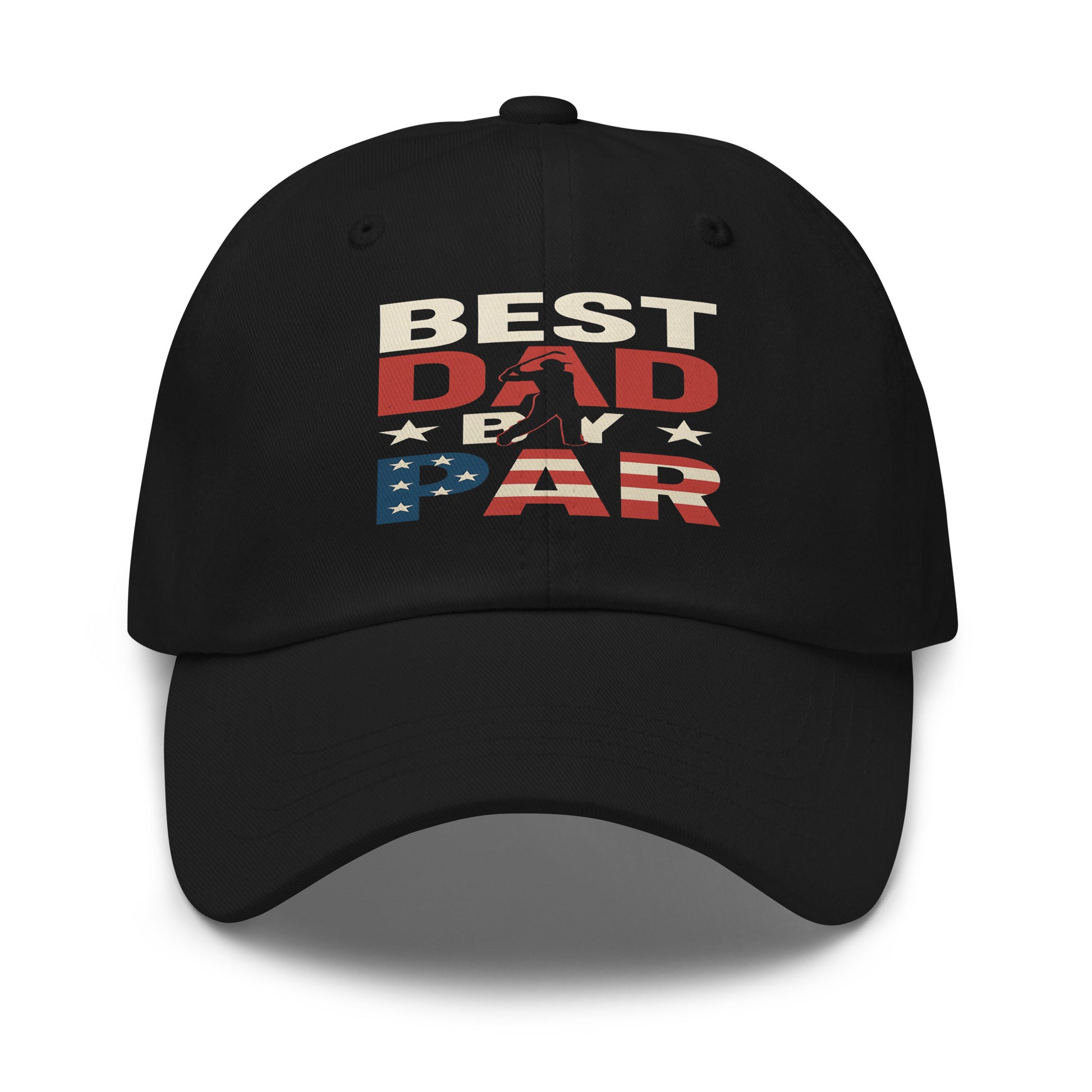 black best dad by par golf hat with stars and stripes text
