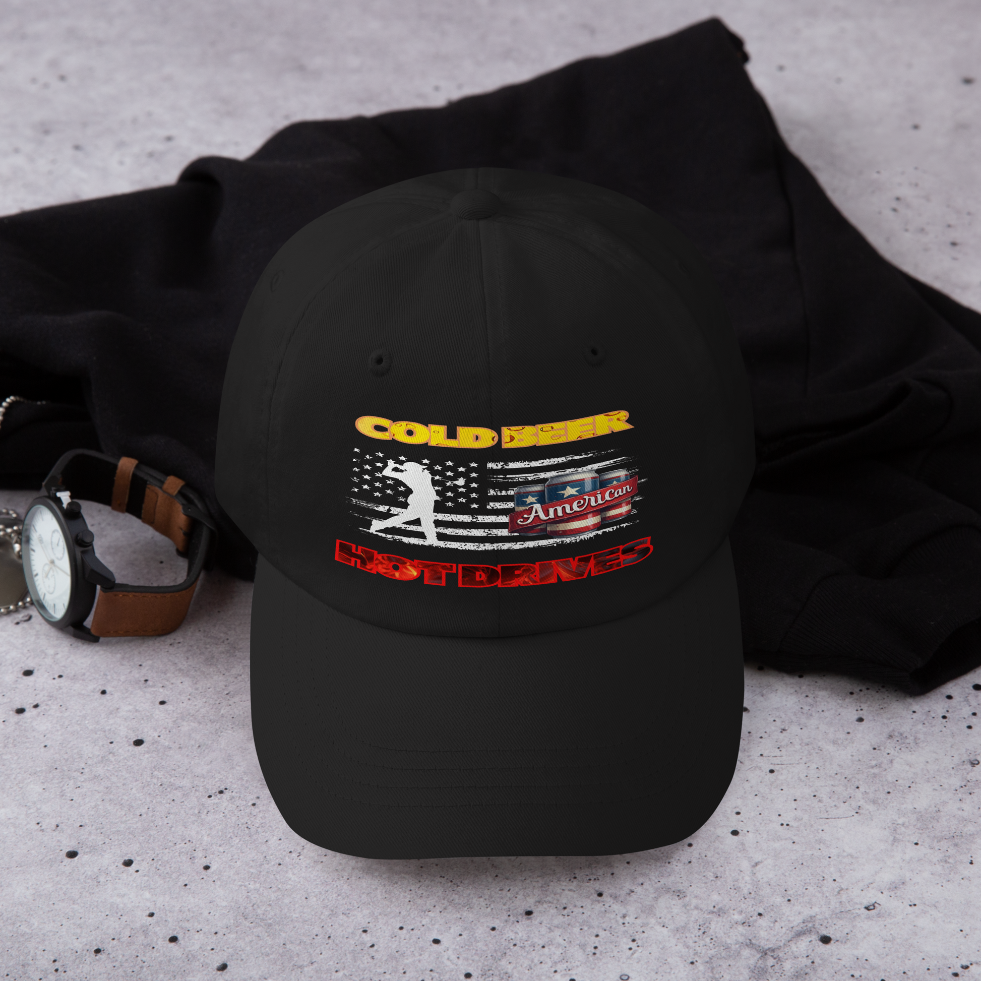 golf cap with American flag and beer themed print