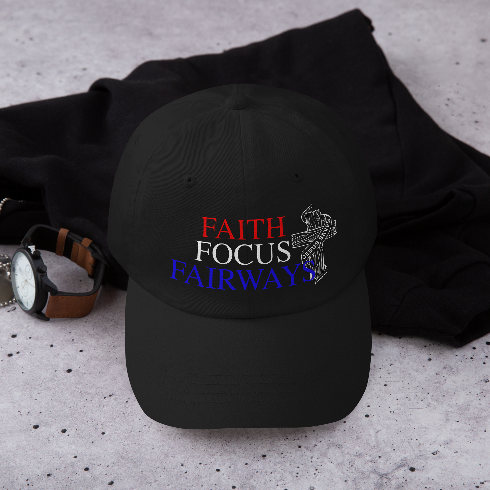 Christian golf hat with jesus saves cross