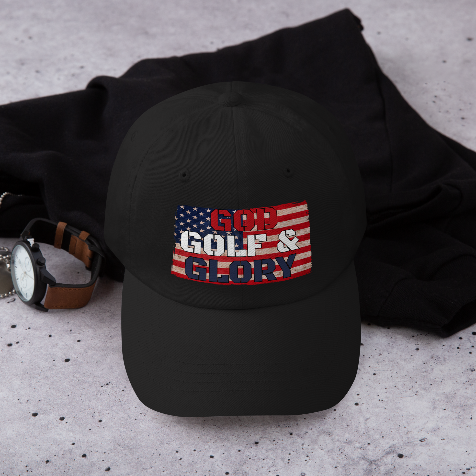 american flag golf hat with bold slogan