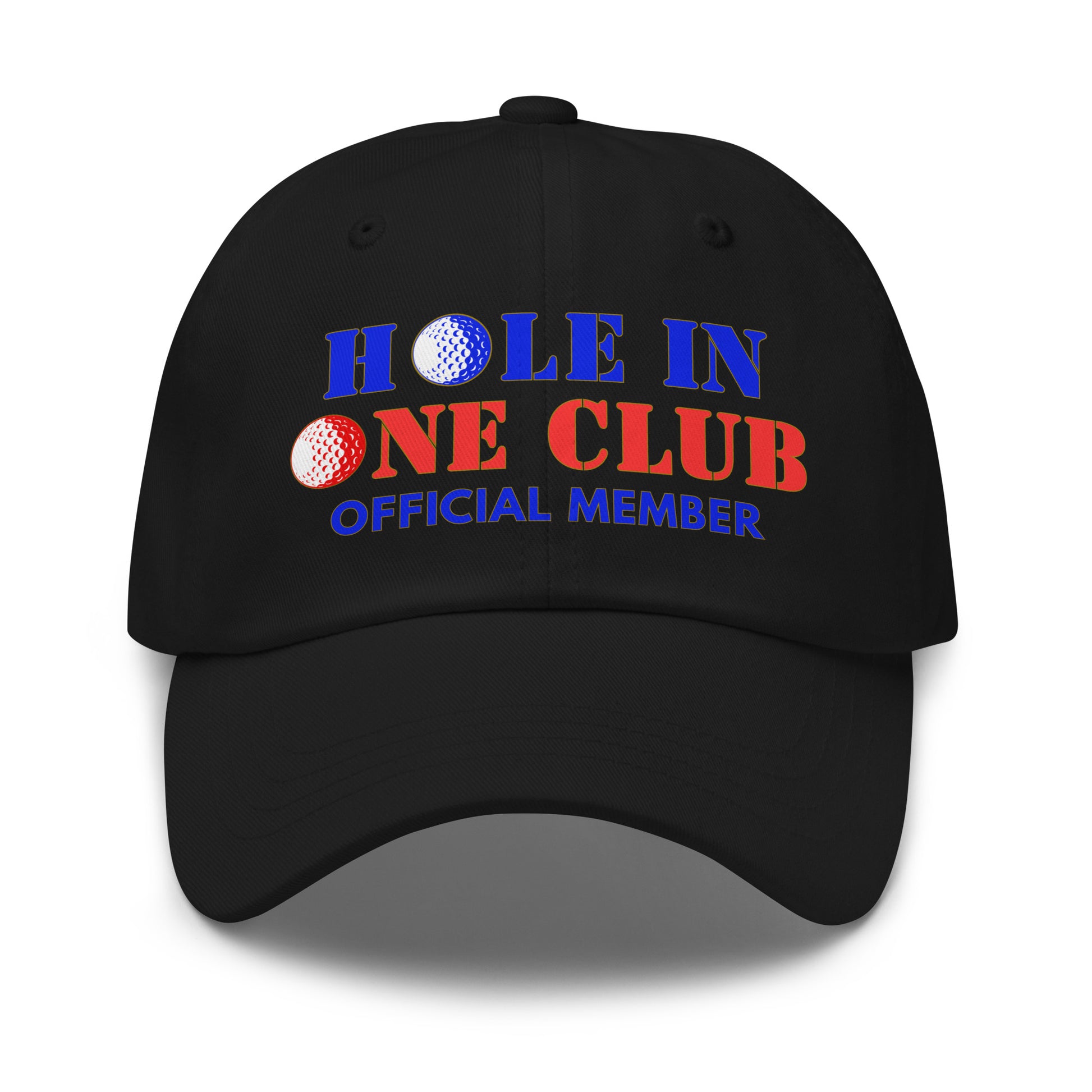 hole in one golf hat in black with bold text