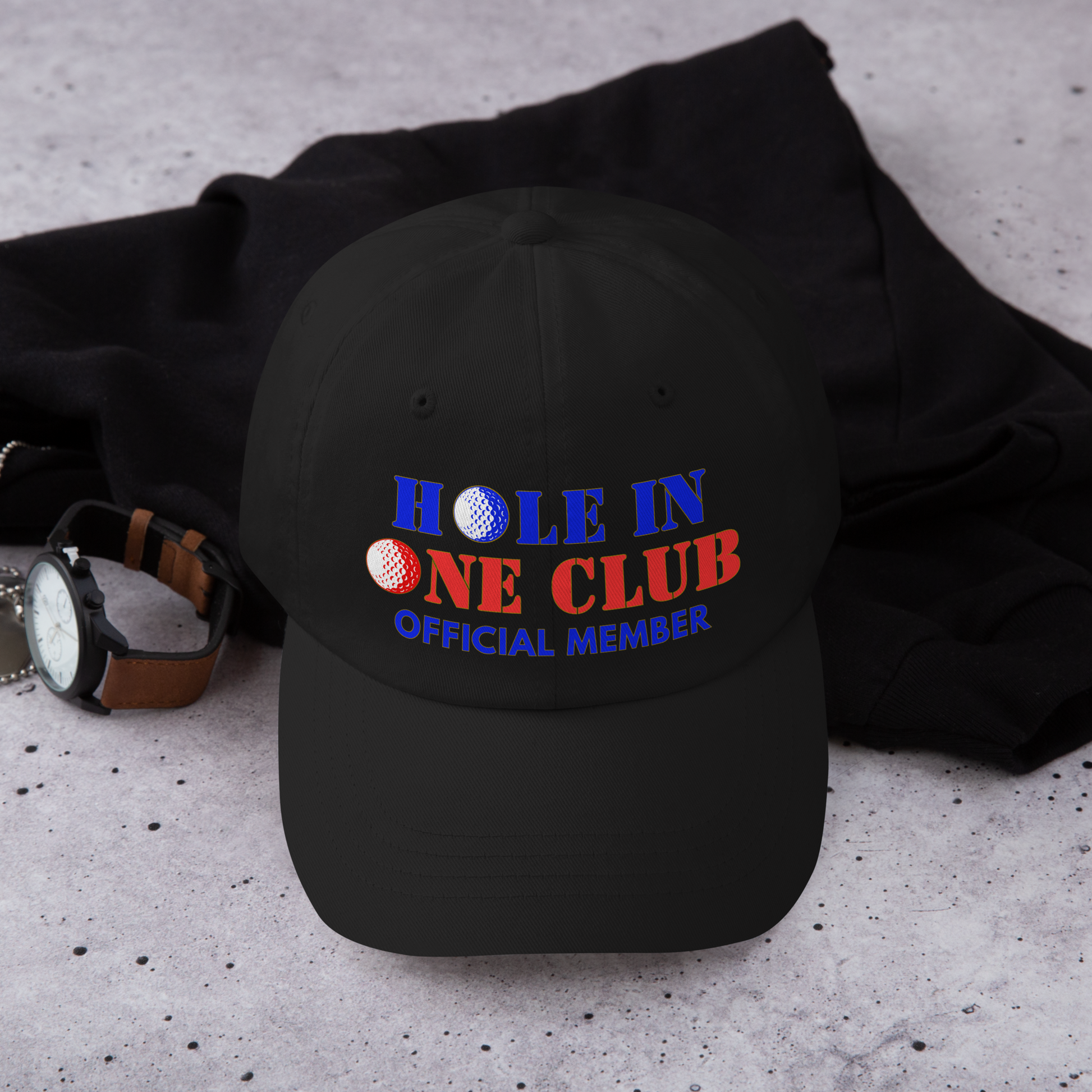 premium hole in one club cap with bold red and blue text