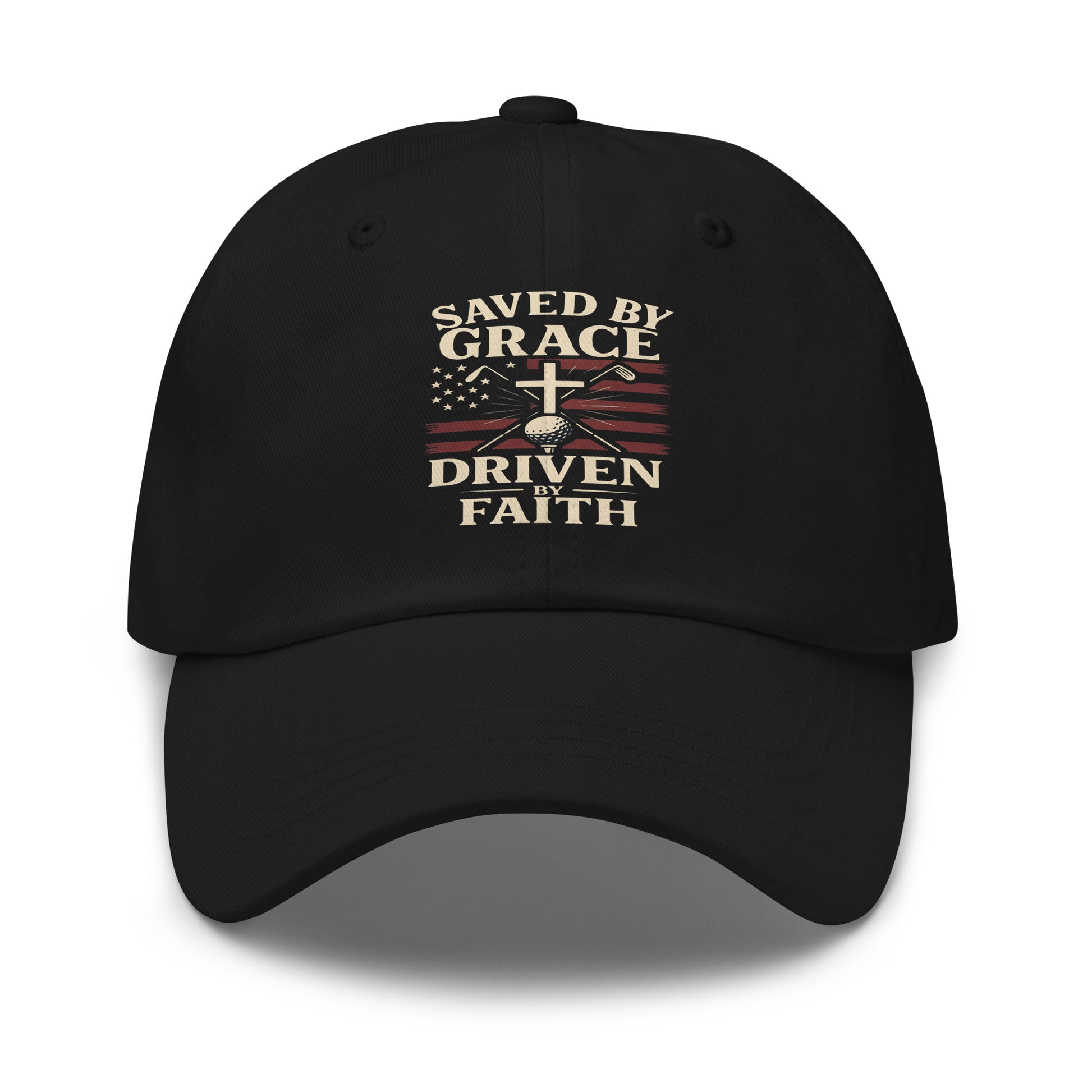 faith-based golf hat with cross and golf club graphics