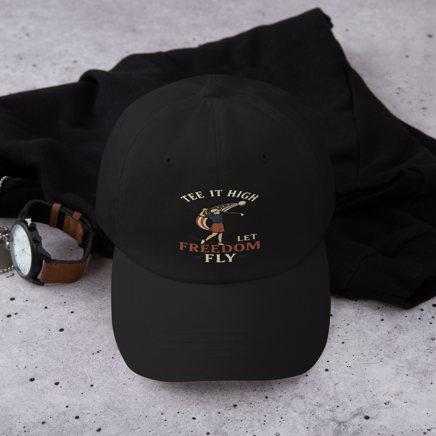 women’s golf hat with American theme and swing graphic