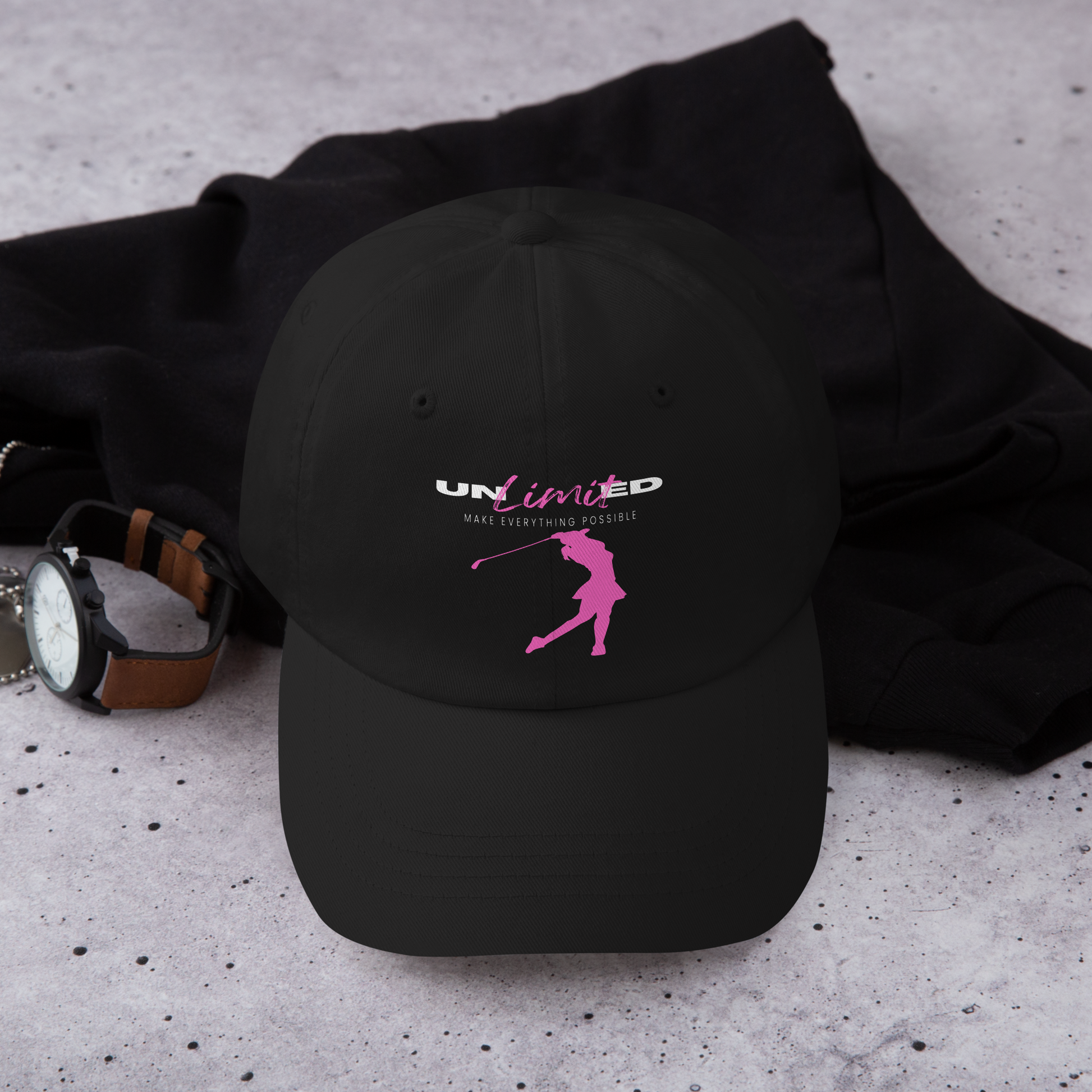 female golf hat with inspirational printed message
