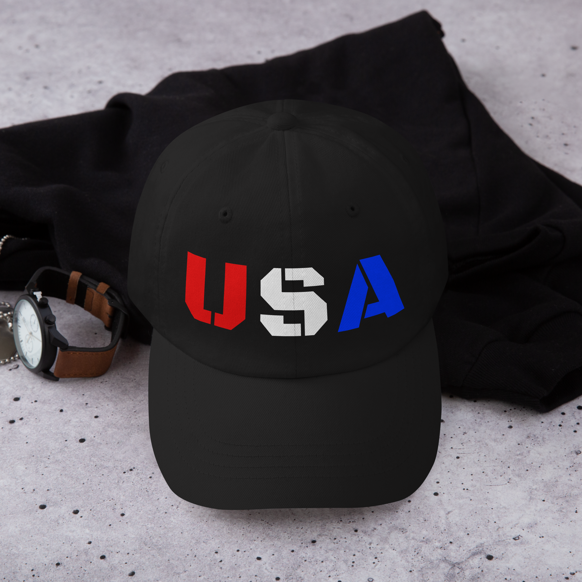 black golf cap featuring red white and blue usa text