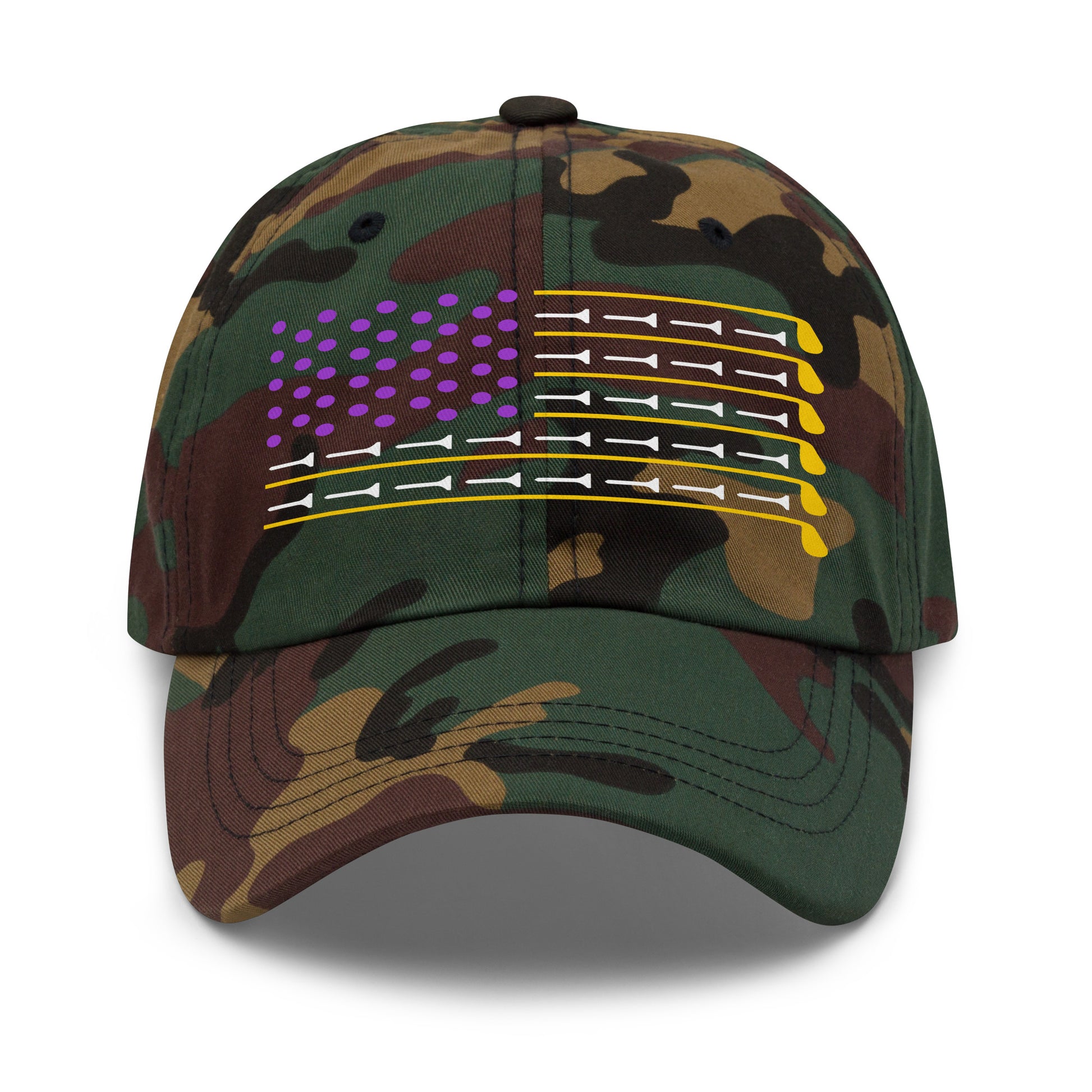 purple and gold flag design on golf hat camo green option