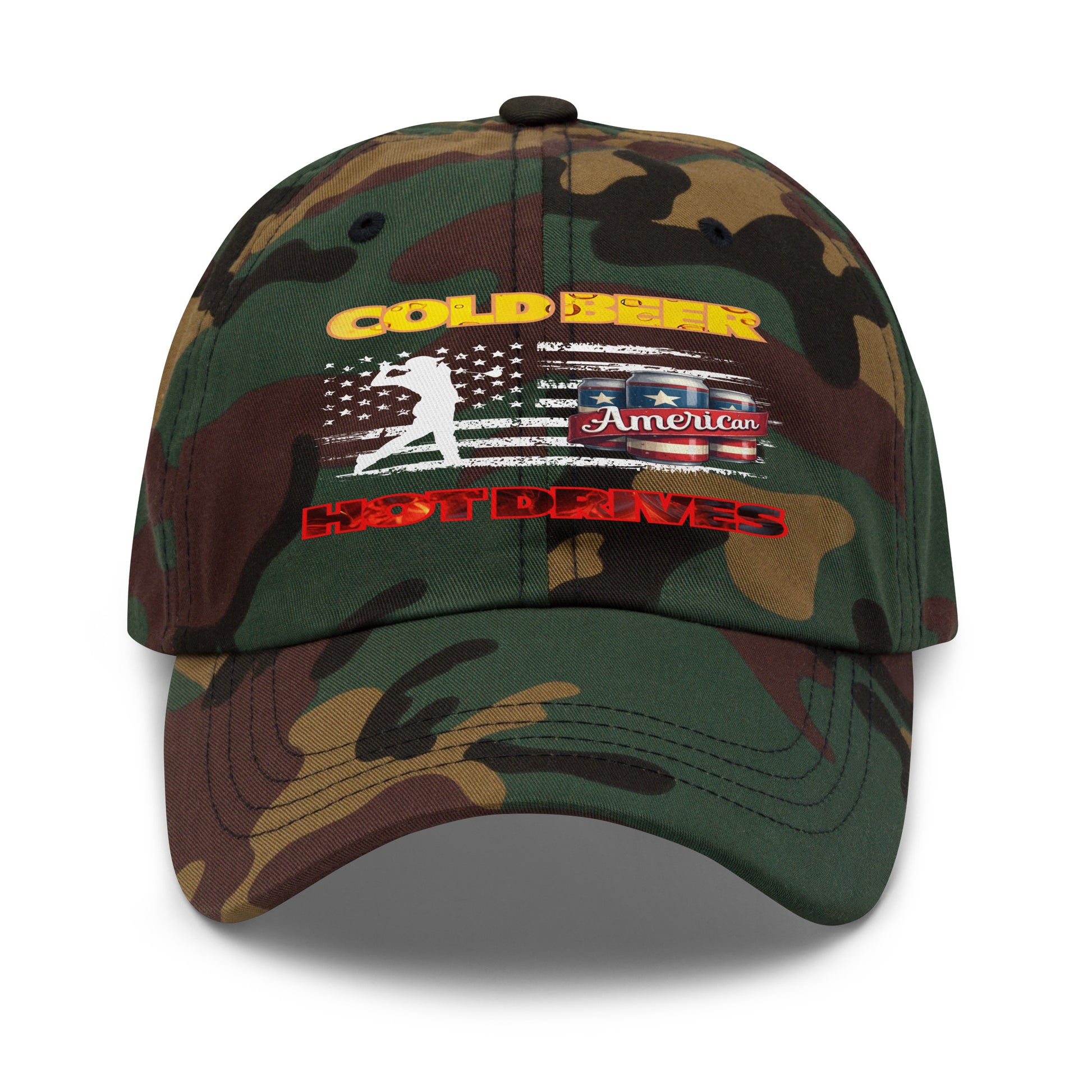 green camo golf hat version with printed slogan