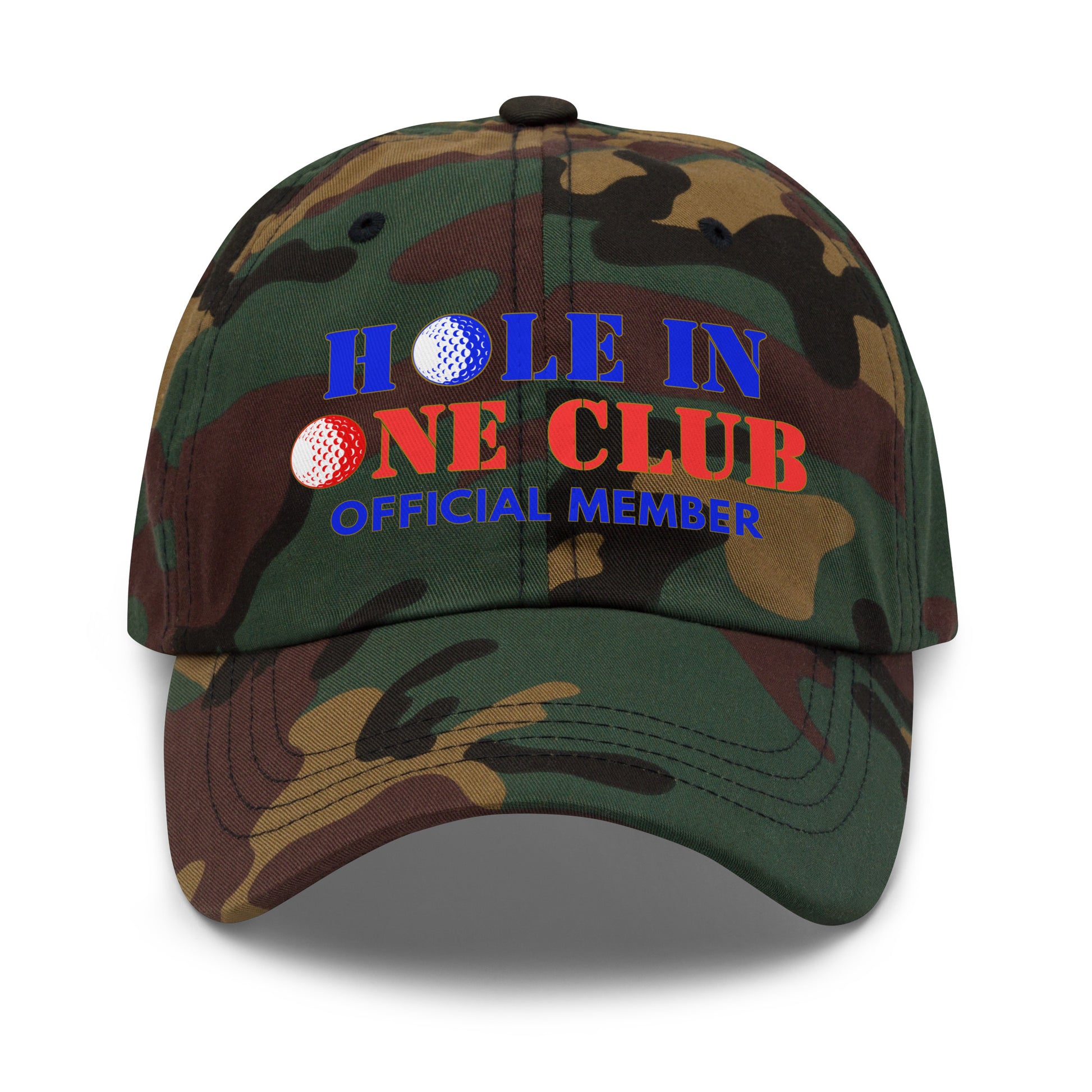 hole in one cap available in camo green and multiple colors