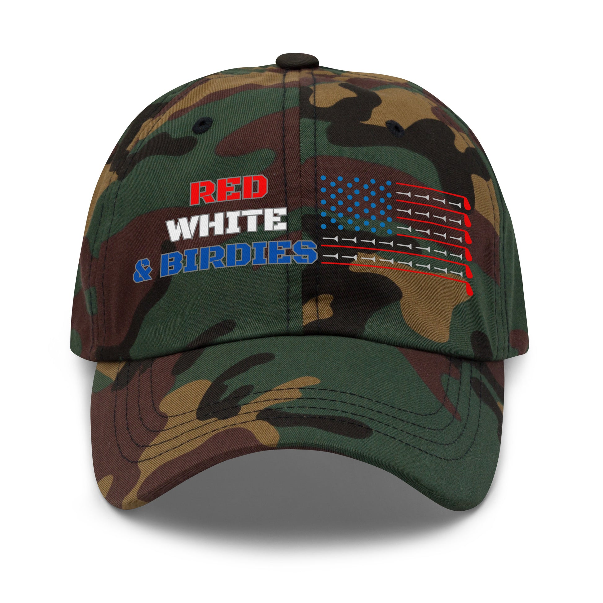 camo green version of red white birdies golf hat available