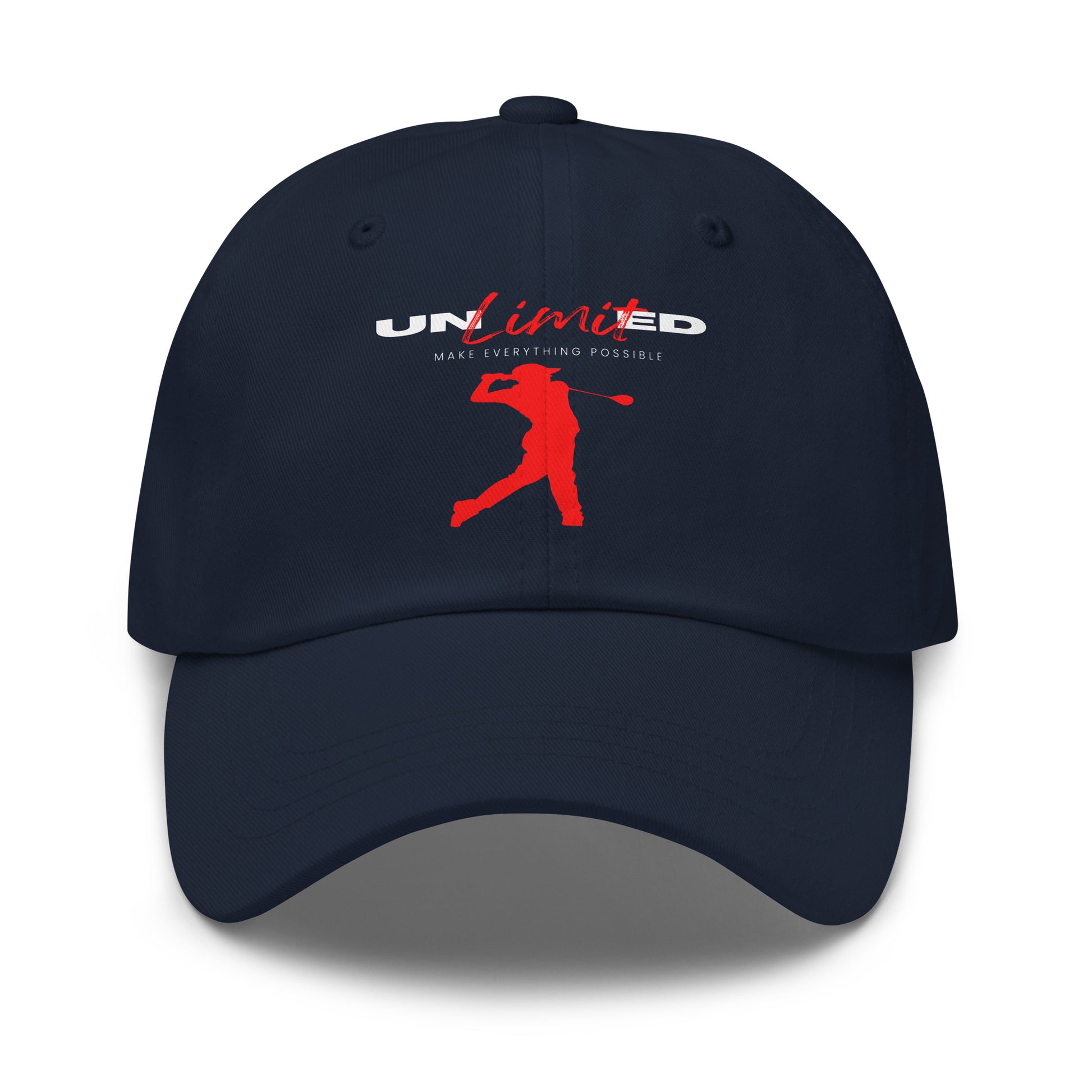golf cap with bold printed message in red and white