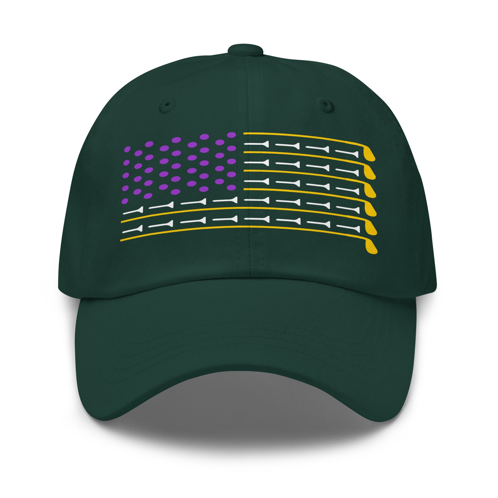golf hat featuring stylized golf club flag print