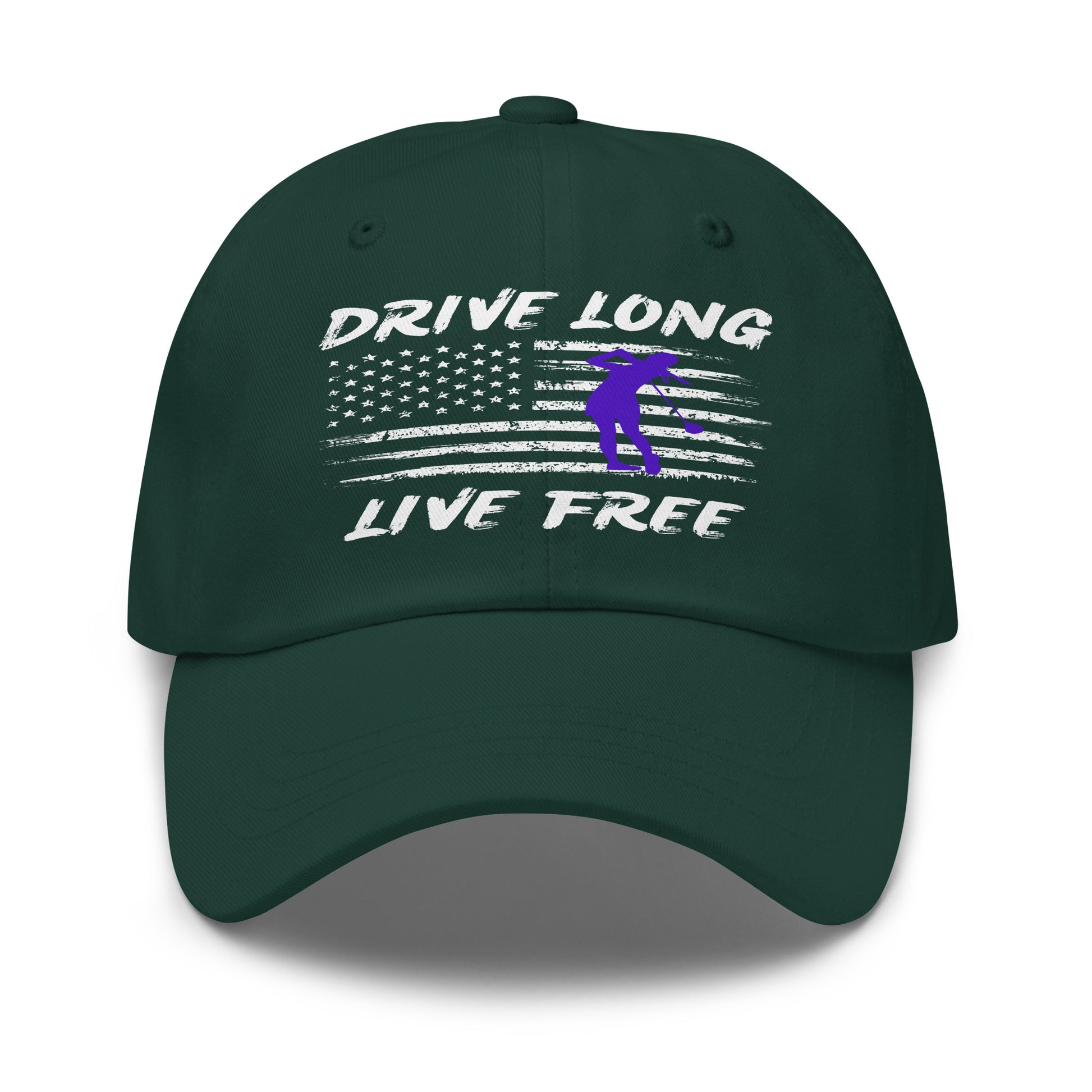 golf hat with purple silhouette and flag background